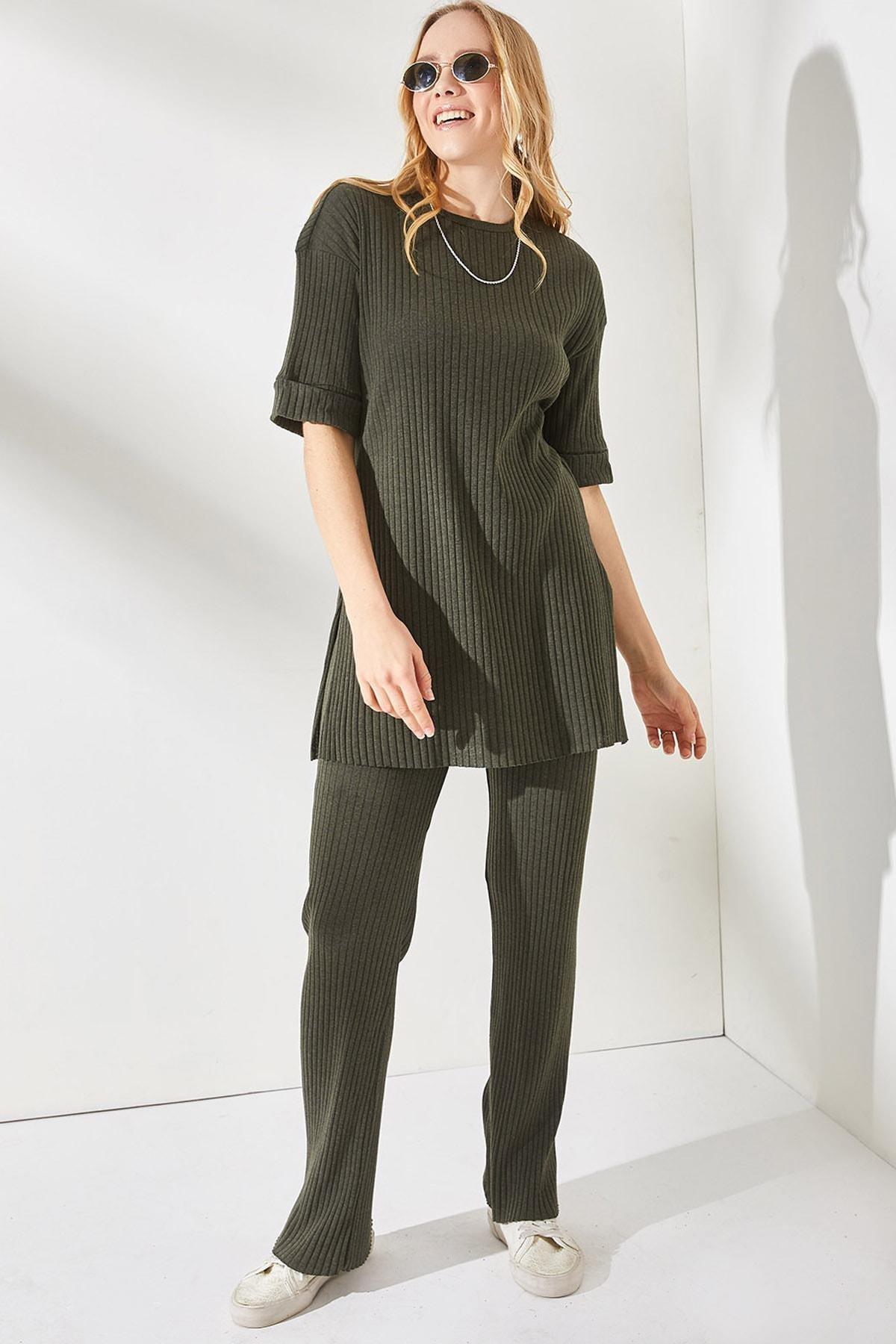 Khaki Short Sleeve Lycra Co-Ord Set, , medium