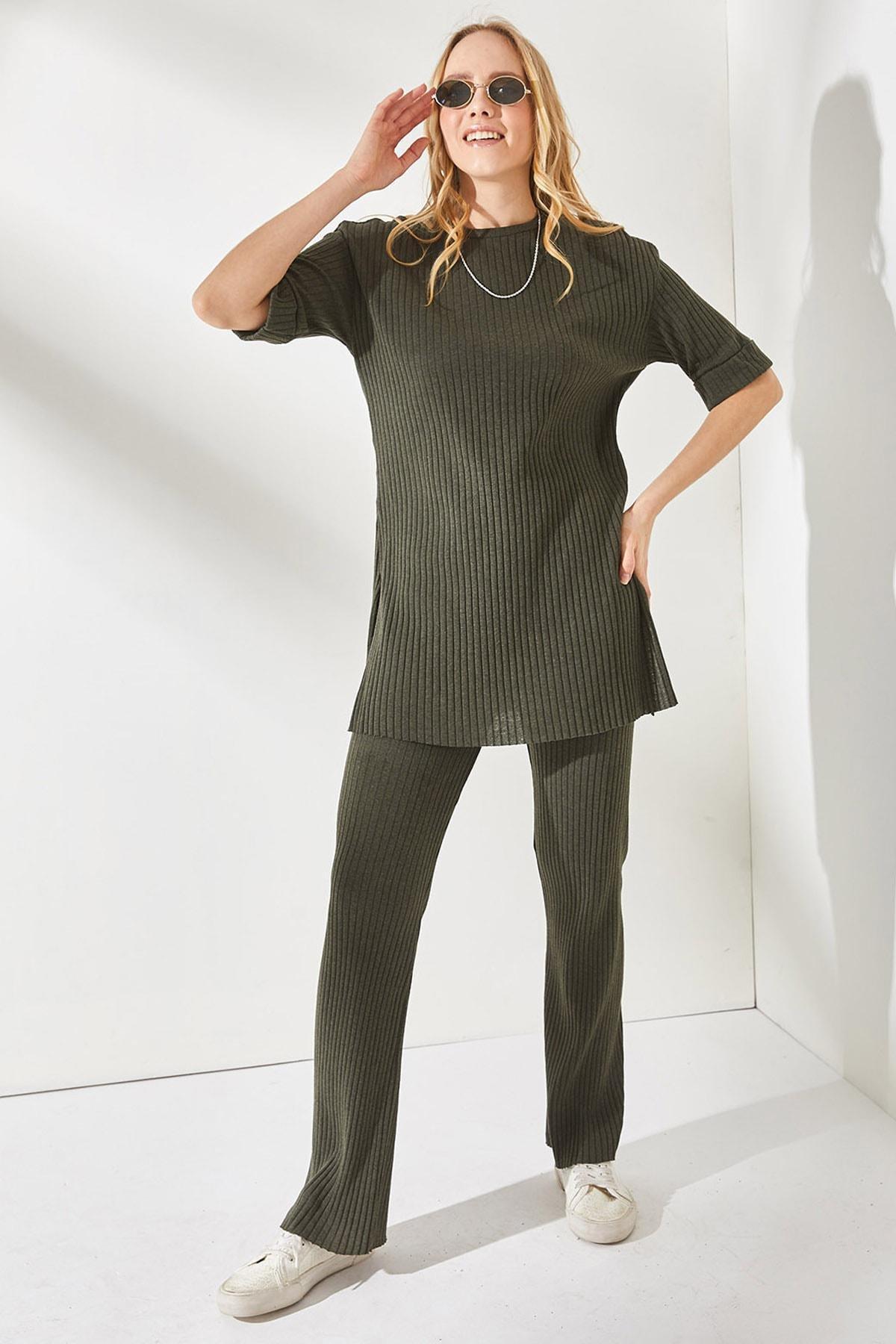 Khaki Short Sleeve Lycra Co-Ord Set, Khaki, large image number 1