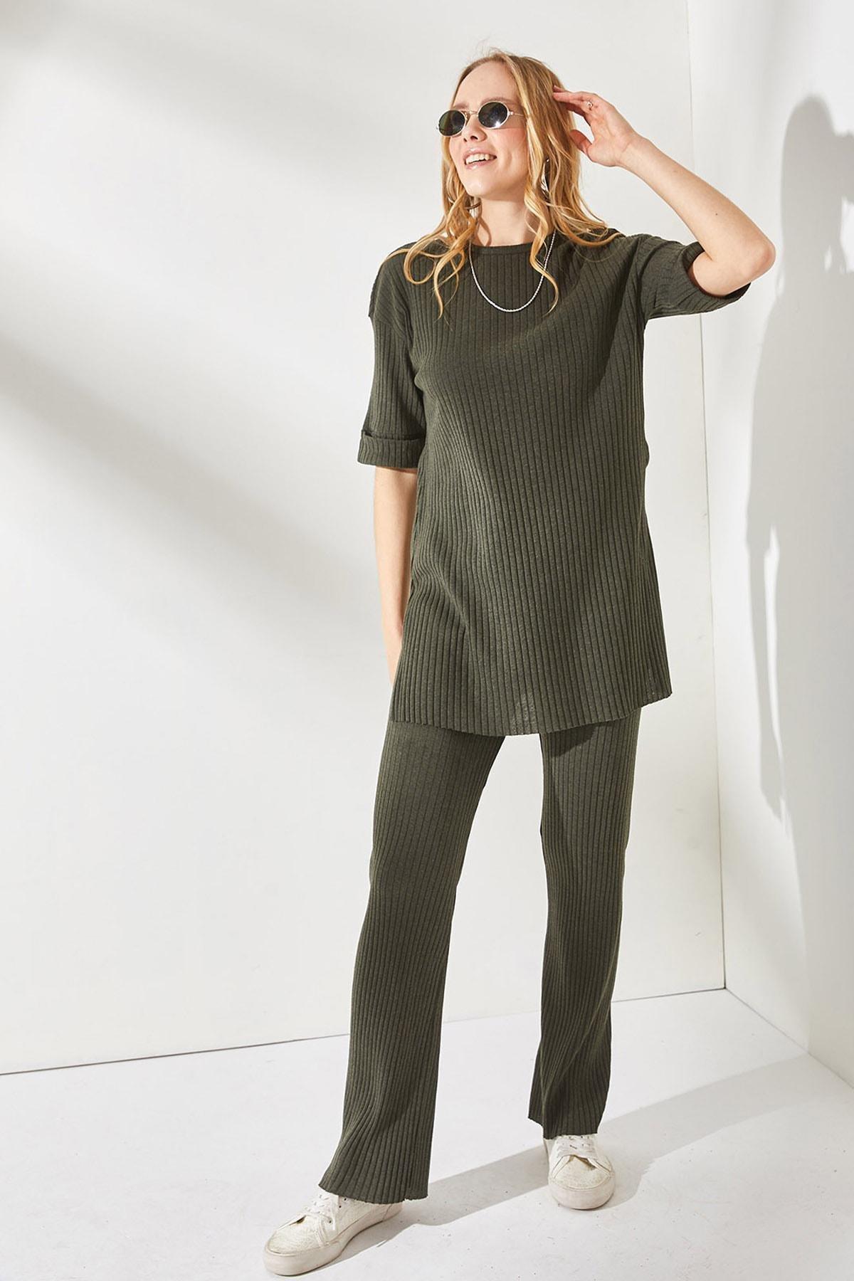 Khaki Short Sleeve Lycra Co-Ord Set, Khaki, large image number 3