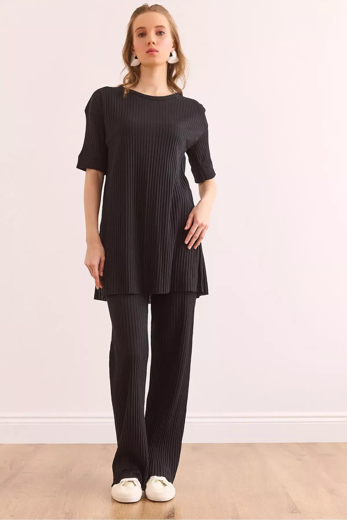 Black Short-Sleeve Lycra Co-Ord Set, BLACK, large image number 0