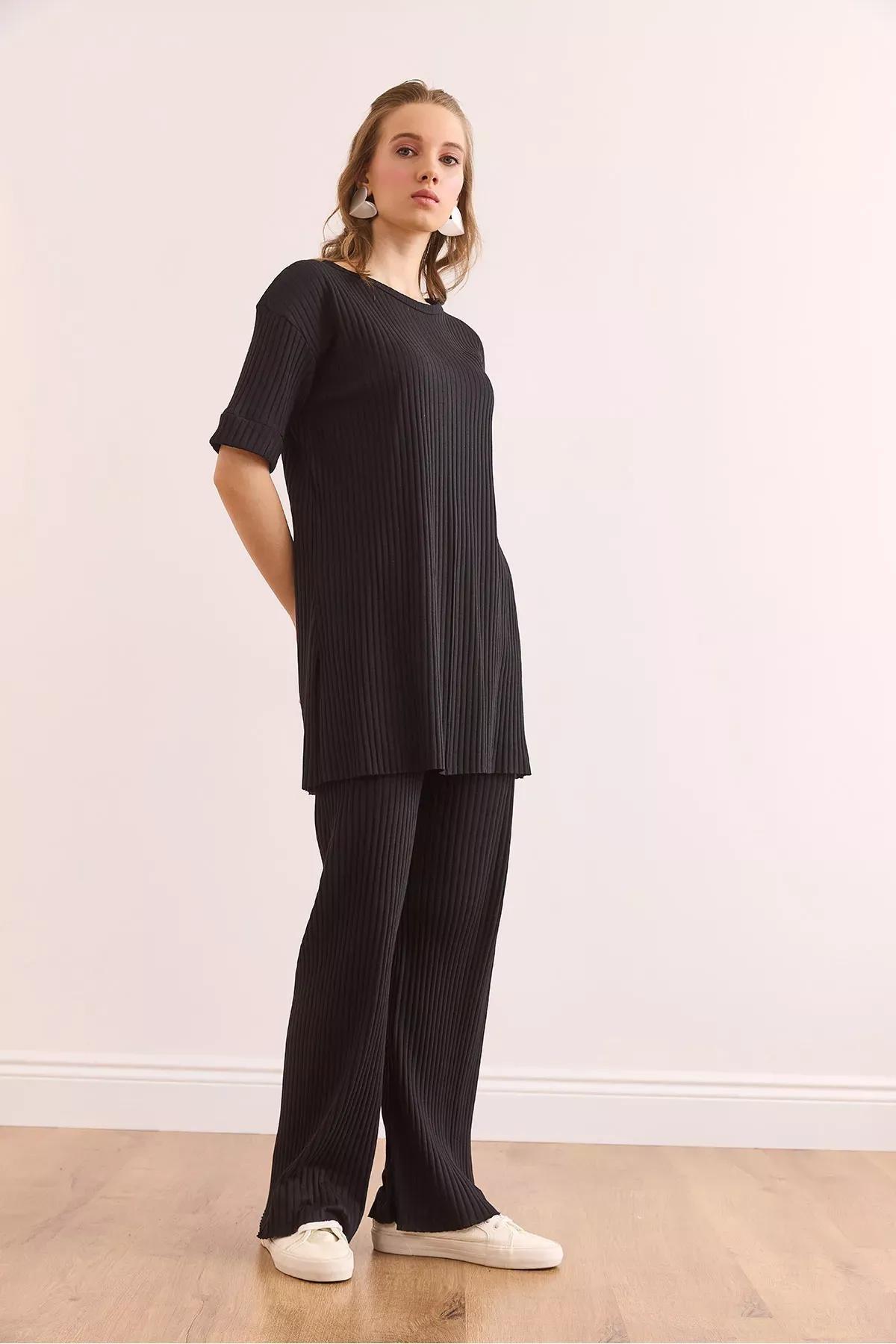 Black Short-Sleeve Lycra Co-Ord Set, BLACK, large image number 1