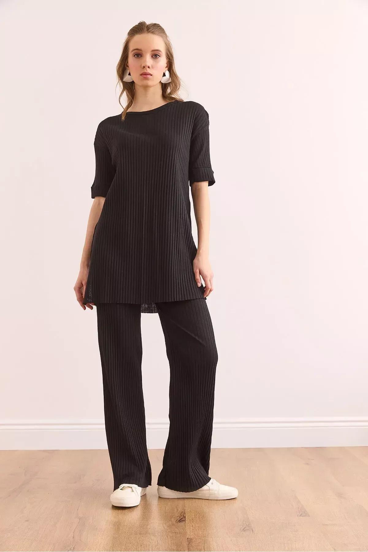 Black Short-Sleeve Lycra Co-Ord Set, BLACK, large image number 3