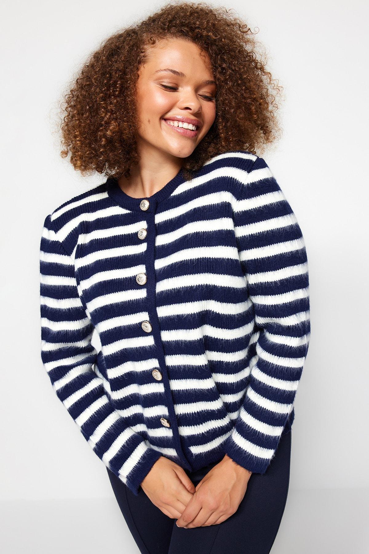 Multicolour Striped Plus Size Cardigan, Navy Blue-White, large image number 0