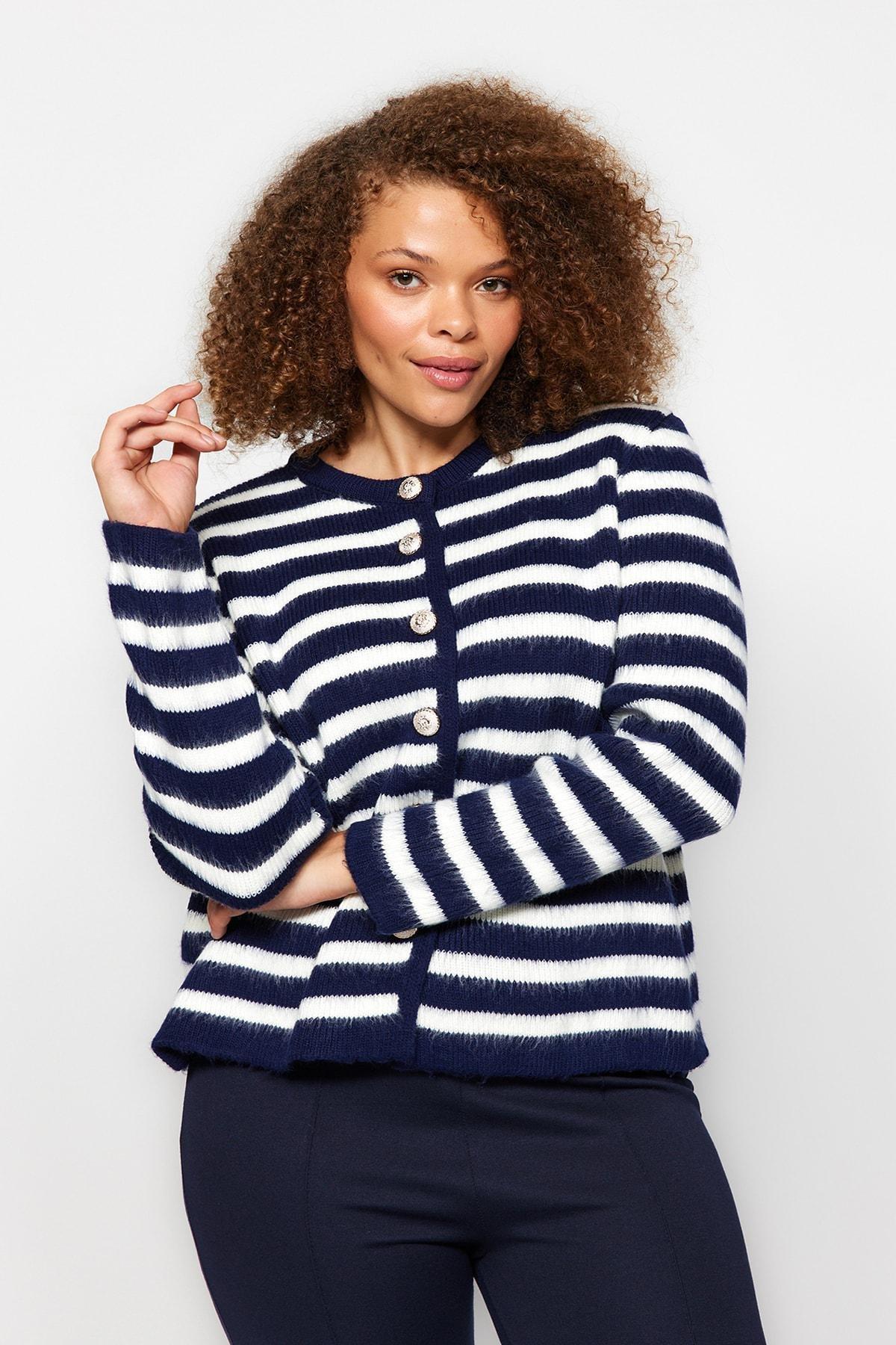 Multicolour Striped Plus Size Cardigan, Navy Blue-White, large image number 1