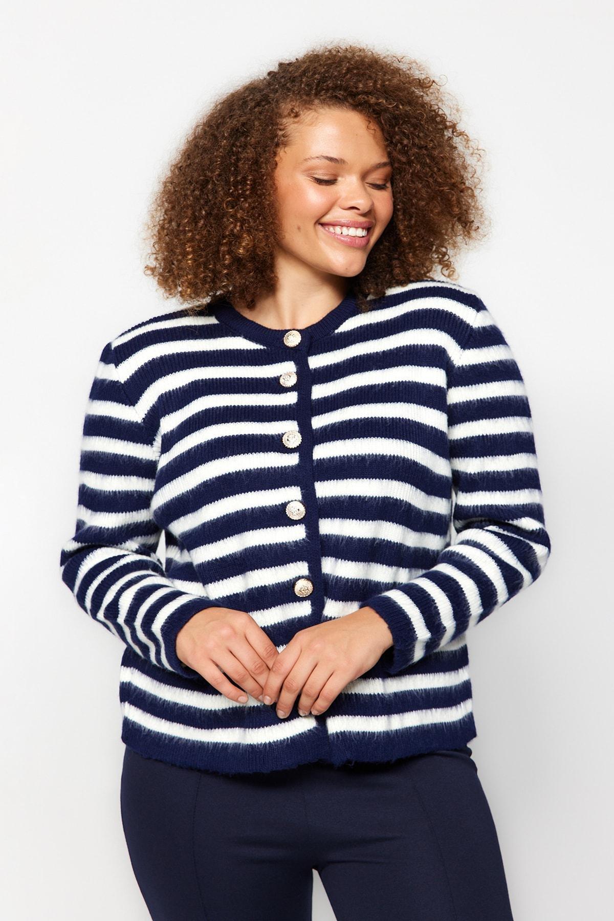 Multicolour Striped Plus Size Cardigan, Navy Blue-White, large image number 2