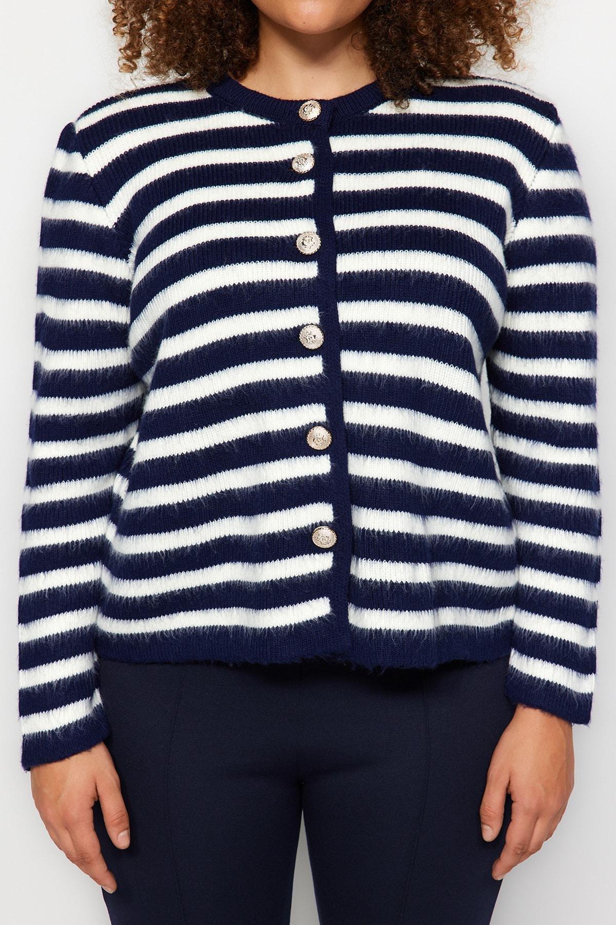 Multicolour Striped Plus Size Cardigan, Navy Blue-White, large image number 3