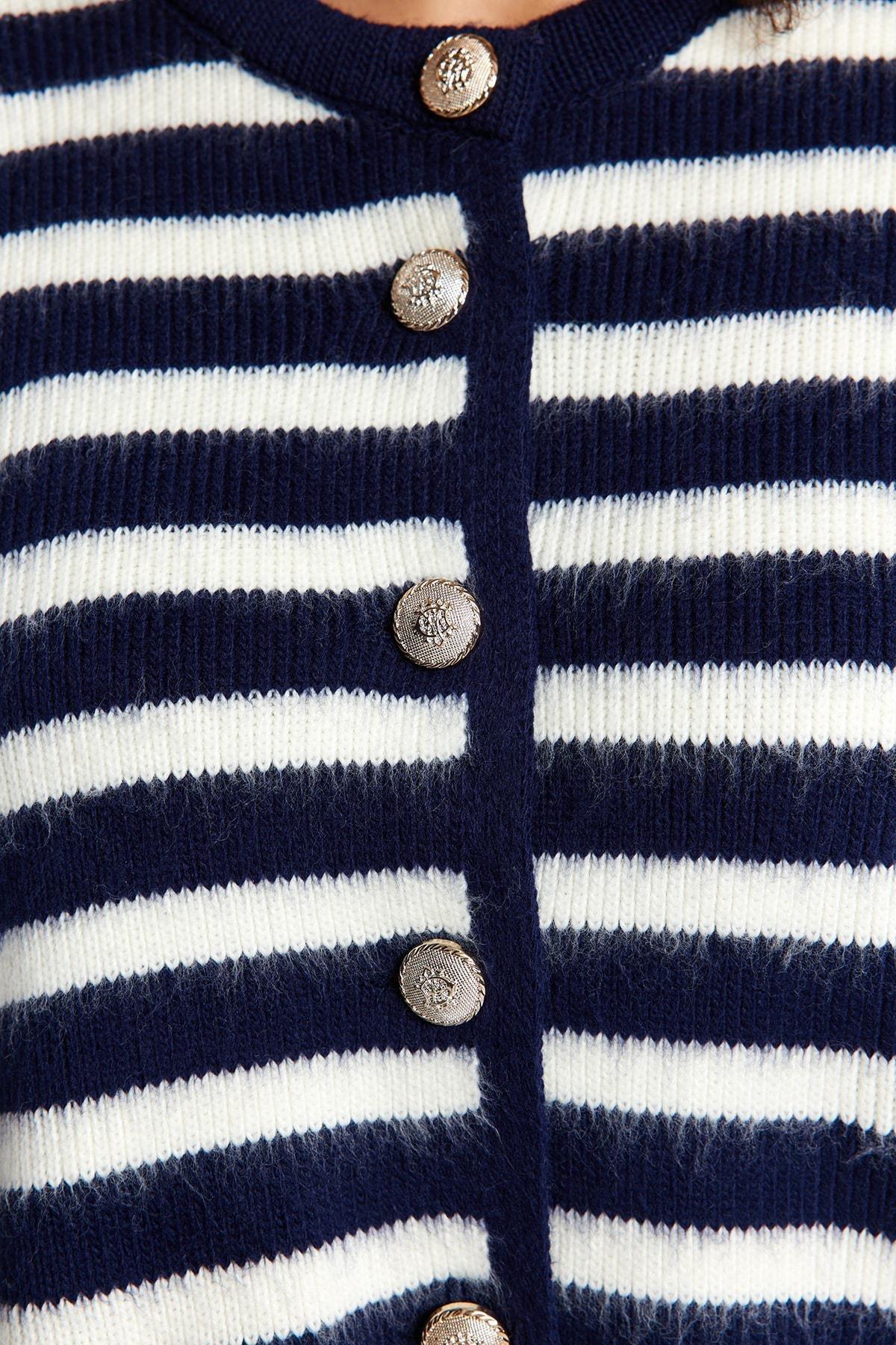 Multicolour Striped Plus Size Cardigan, Navy Blue-White, large image number 4