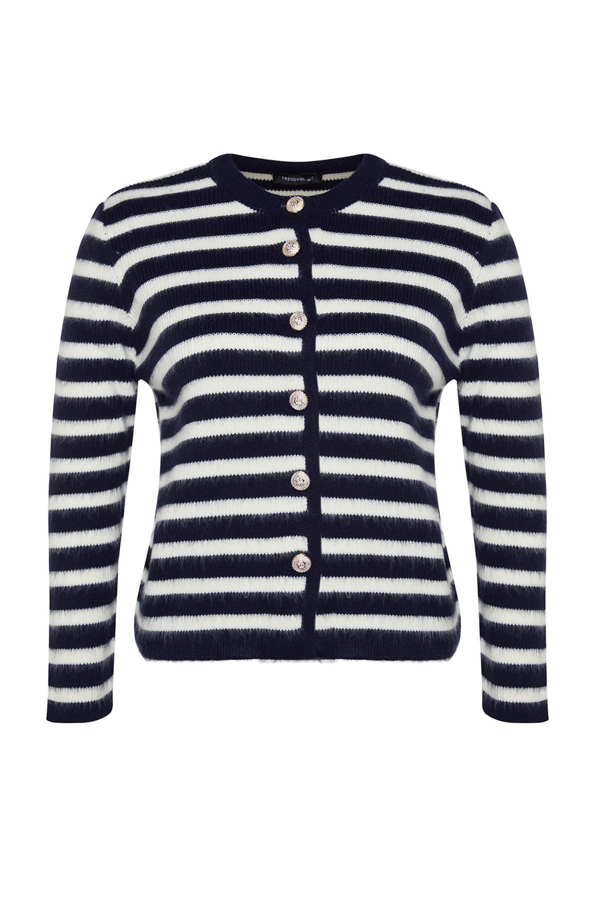 Multicolour Striped Plus Size Cardigan, Navy Blue-White, large image number 5