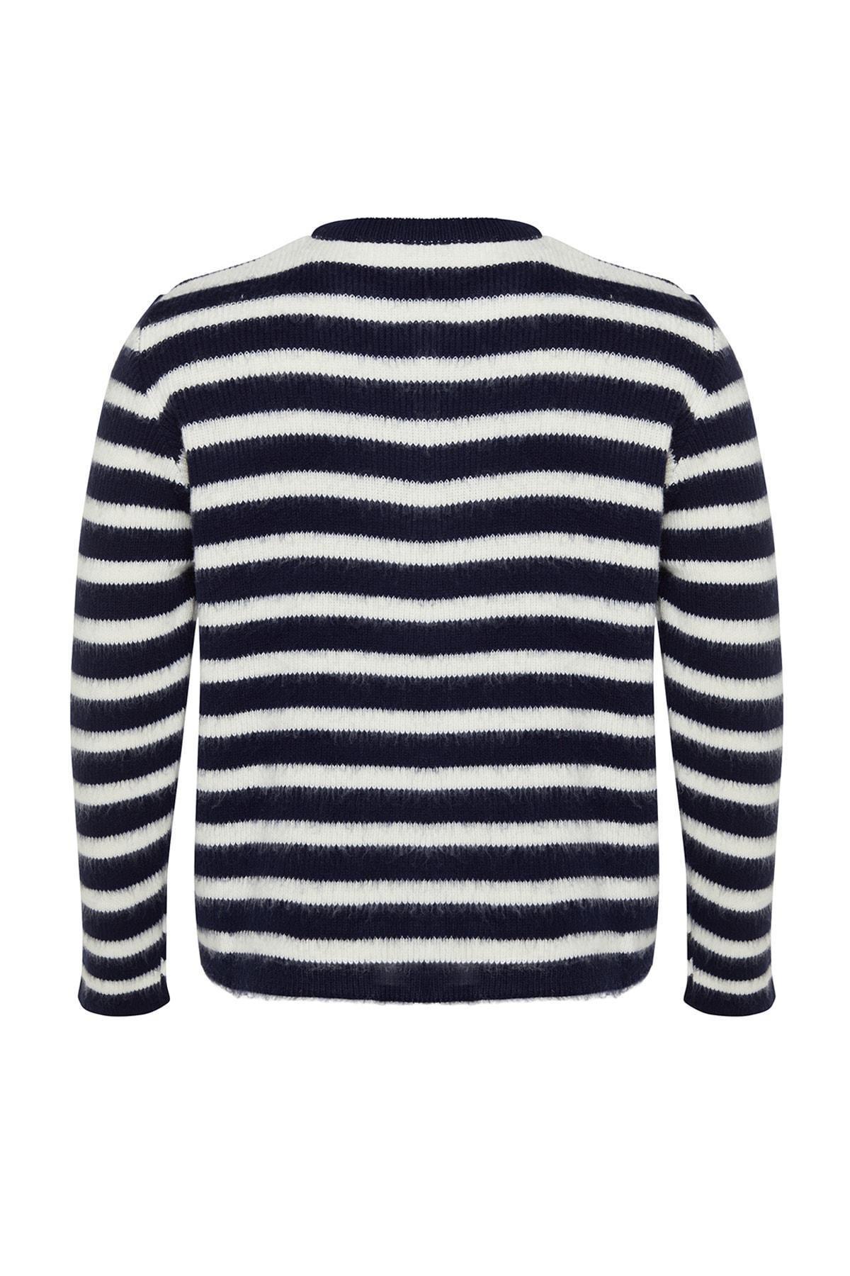 Multicolour Striped Plus Size Cardigan, Navy Blue-White, large image number 7