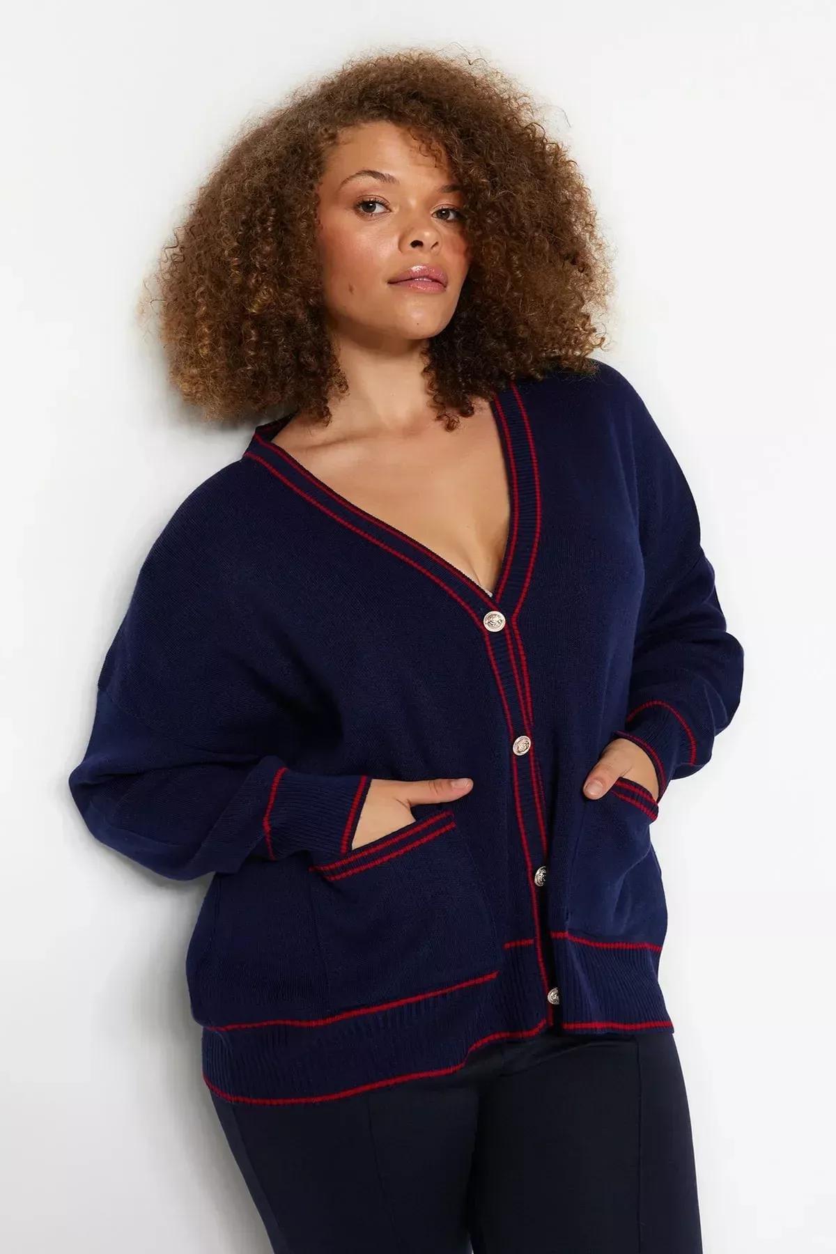 Navy Relaxed Plus Size Cardigan, Navy Blue-Red, medium