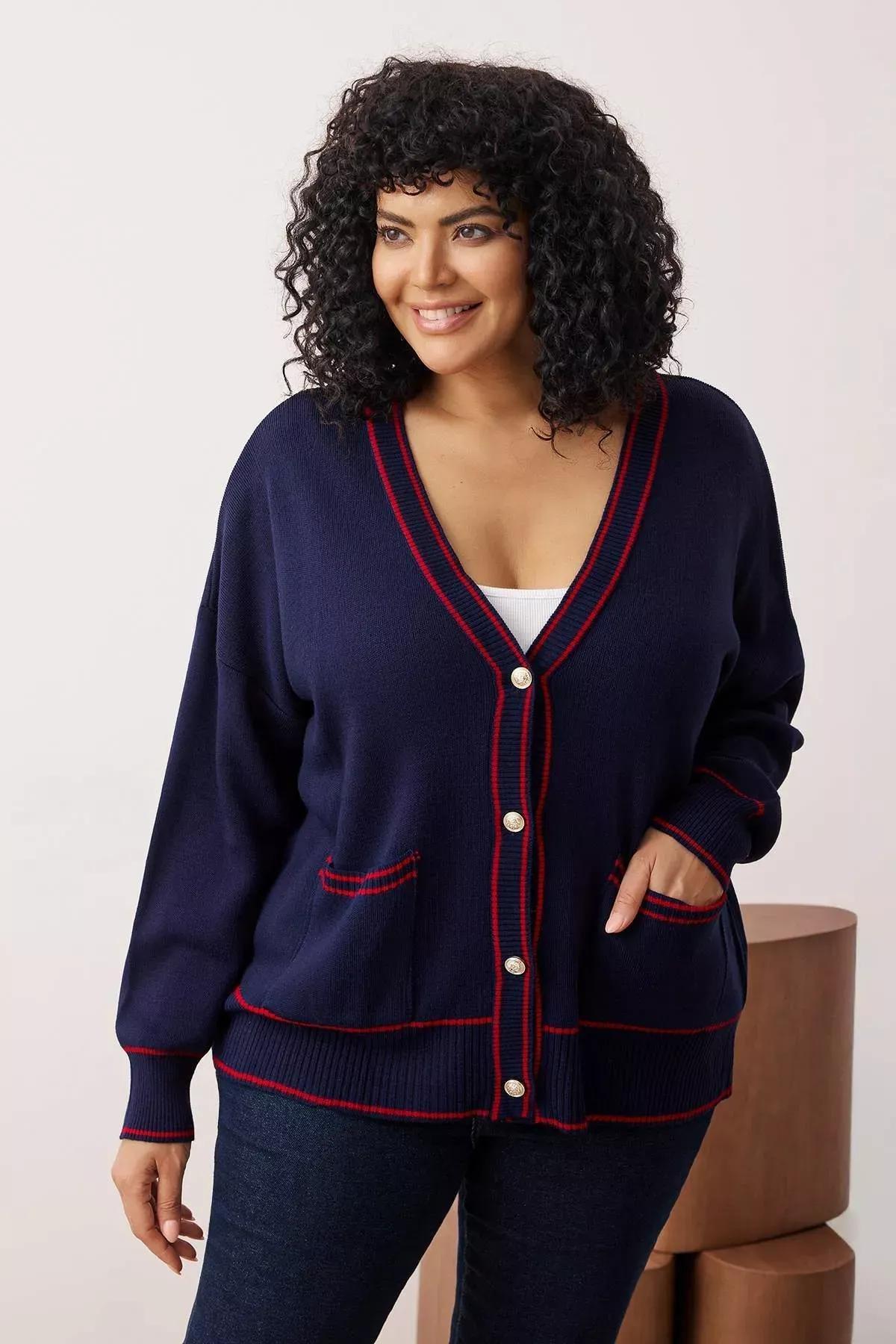 Navy Relaxed Plus Size Cardigan, Navy Blue-Red, medium