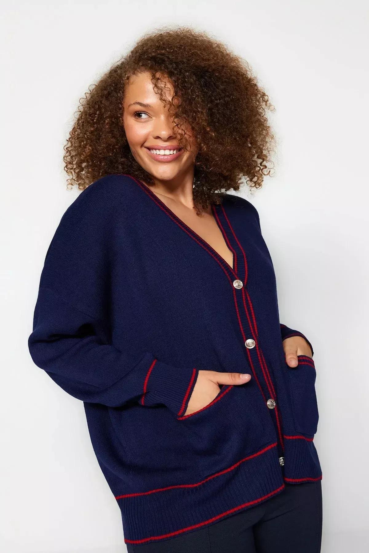 Navy Relaxed Plus Size Cardigan, Navy Blue-Red, medium