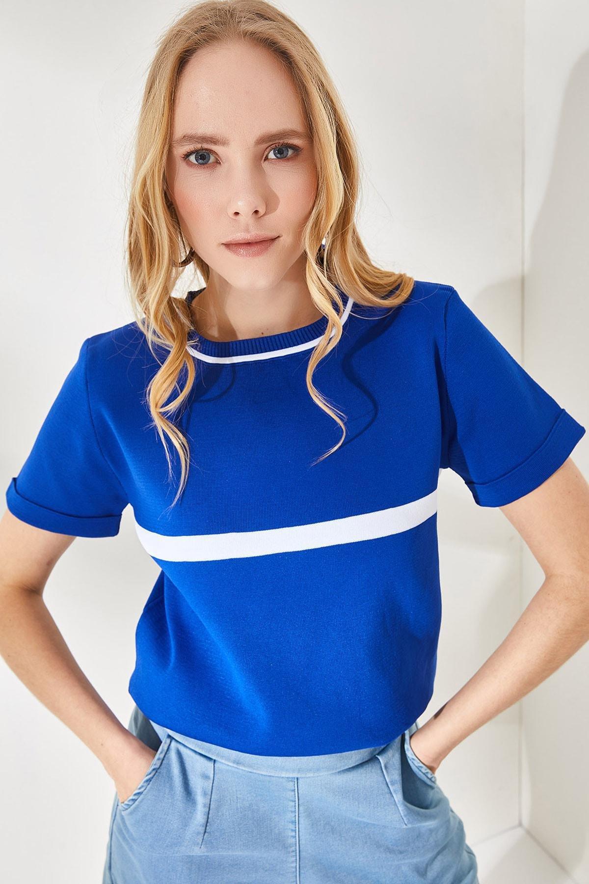 Blue Striped Crewneck Blouse, Sax Blue, large image number 0