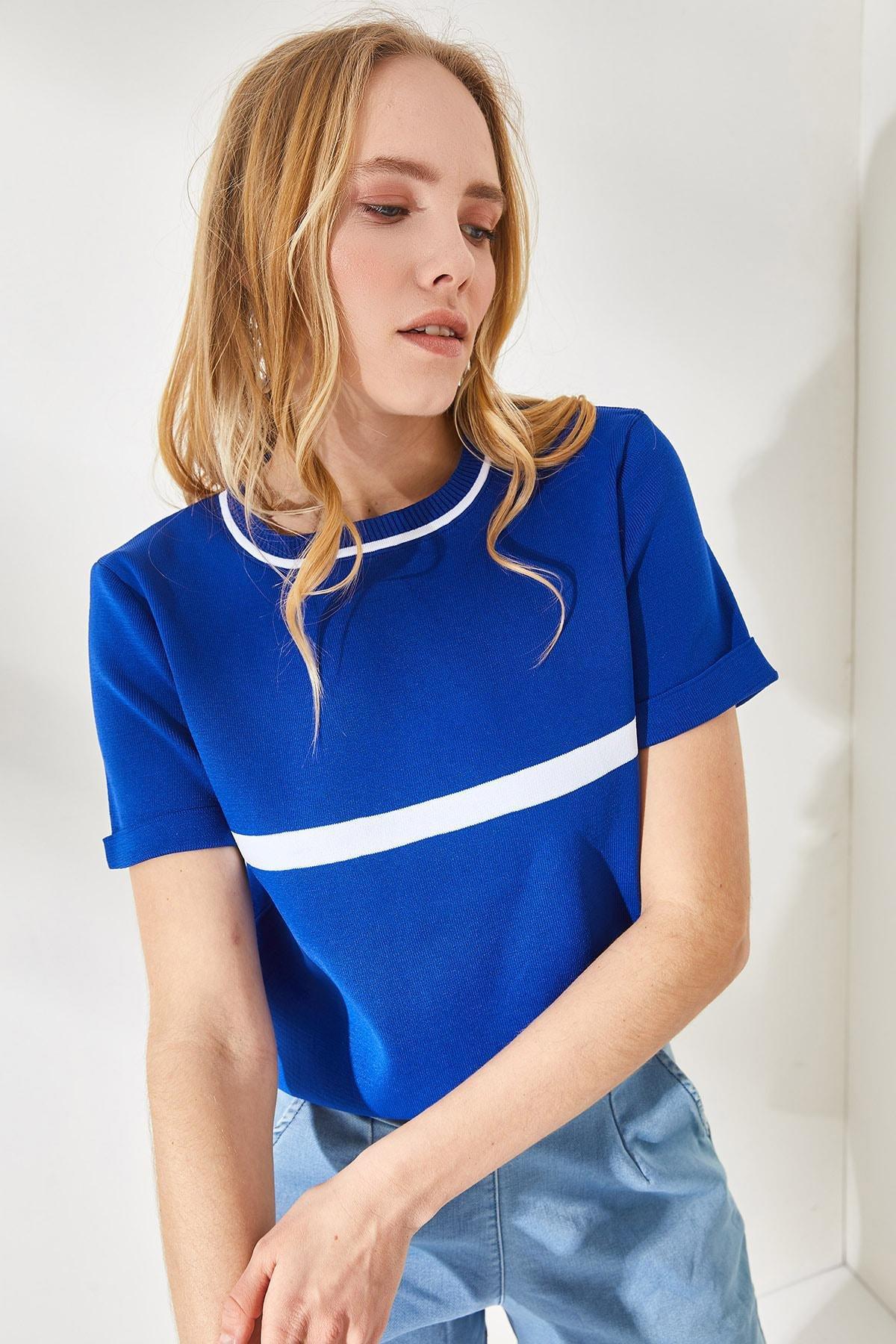 Blue Striped Crewneck Blouse, Sax Blue, large image number 2