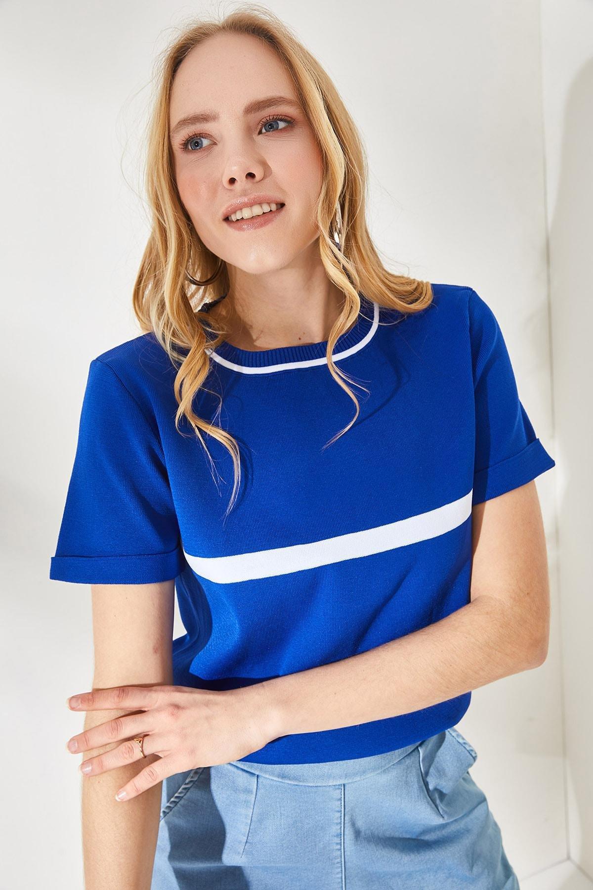 Blue Striped Crewneck Blouse, Sax Blue, large image number 3