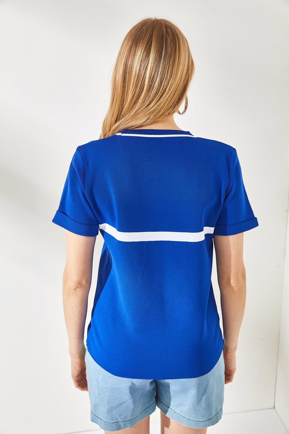 Blue Striped Crewneck Blouse, Sax Blue, large image number 4