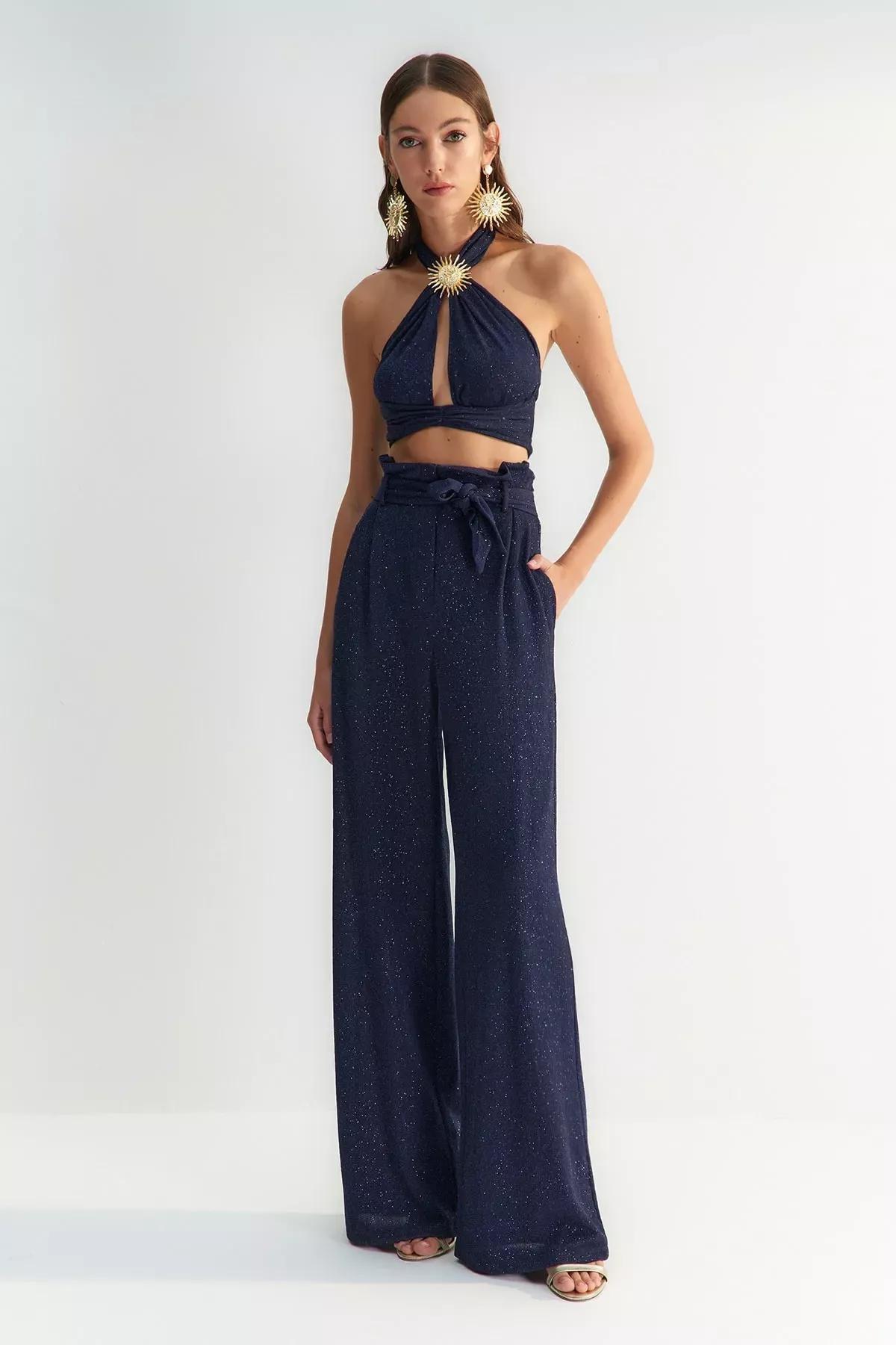 بنطال بقصة ساق عريضة، كحلي, Navy blue, large image number 1