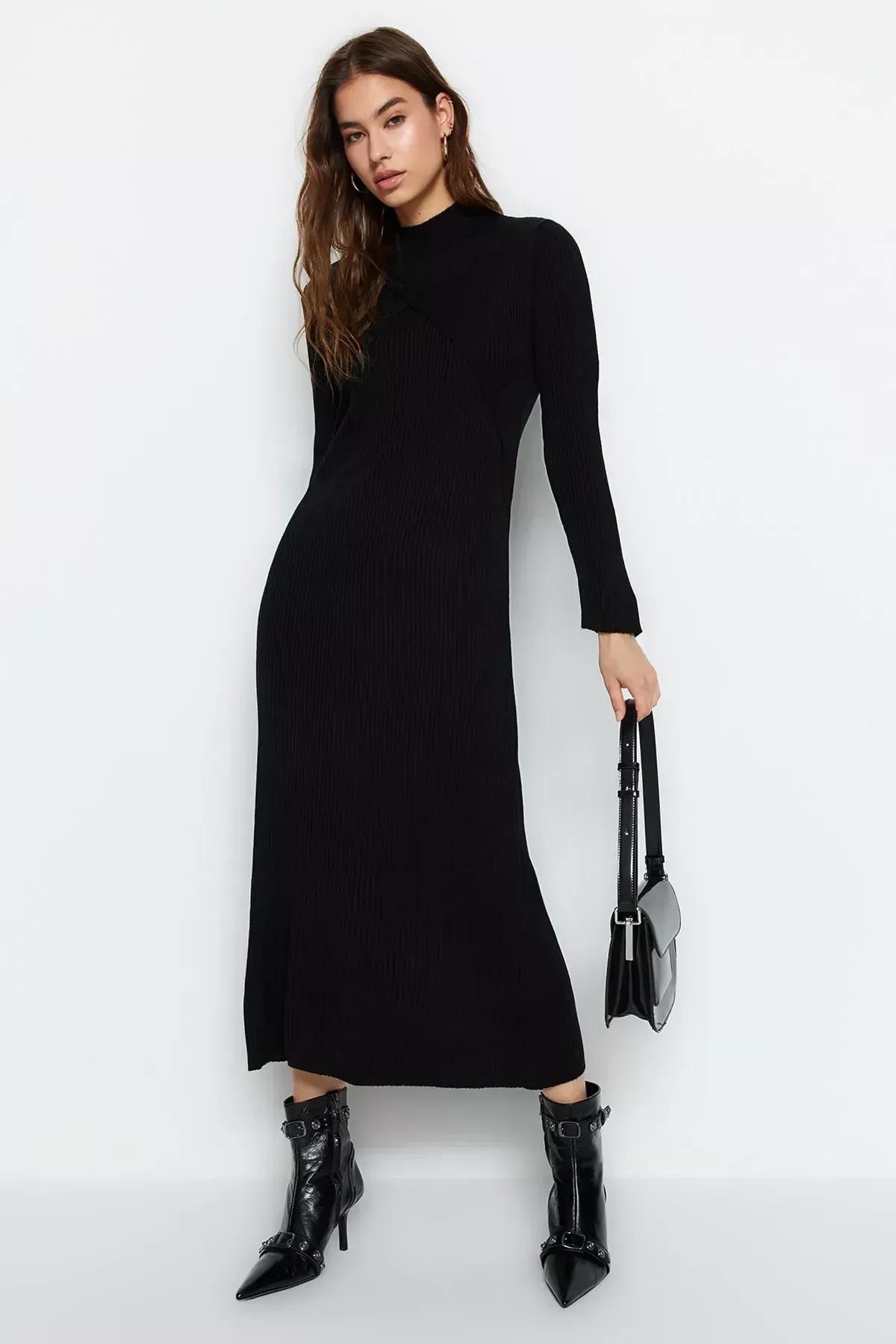 Black Ribbed Sweater Midi Dress, , large image number 0