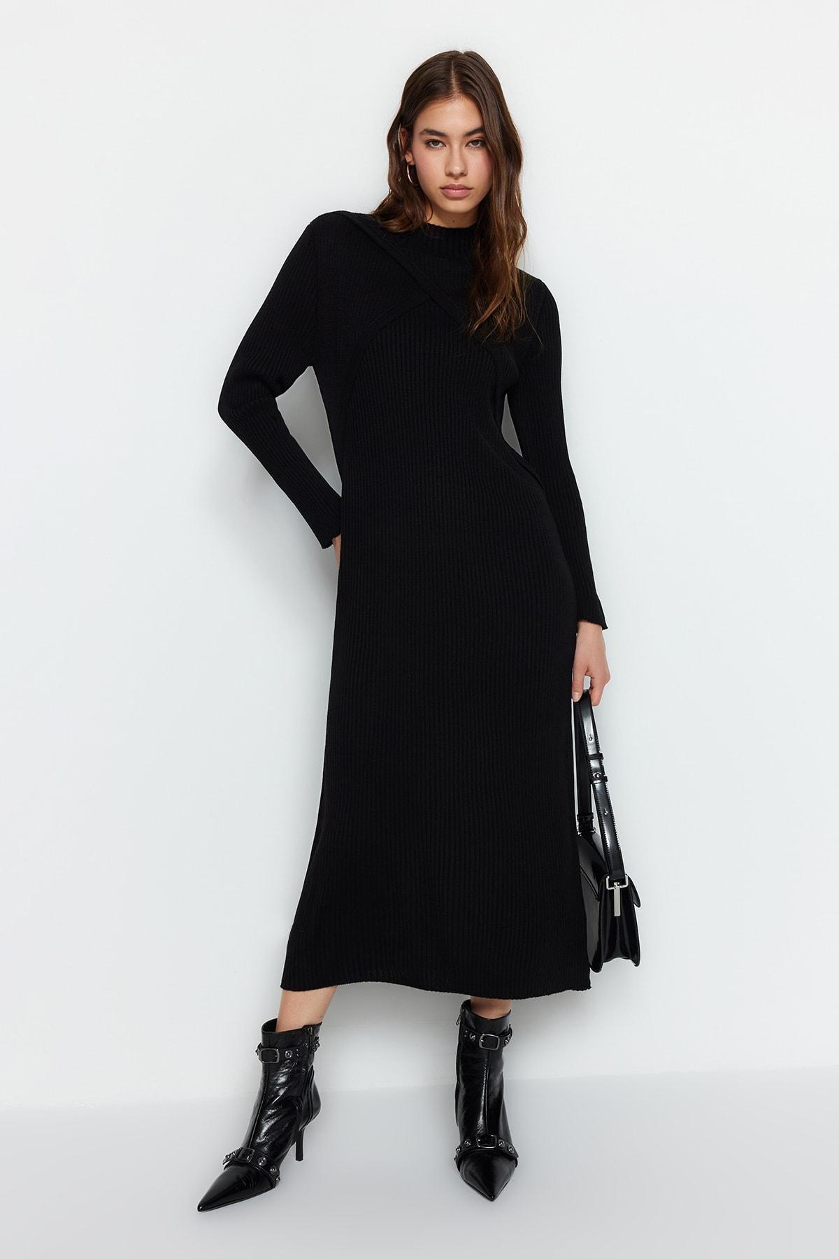Black Ribbed Sweater Midi Dress, , large image number 0