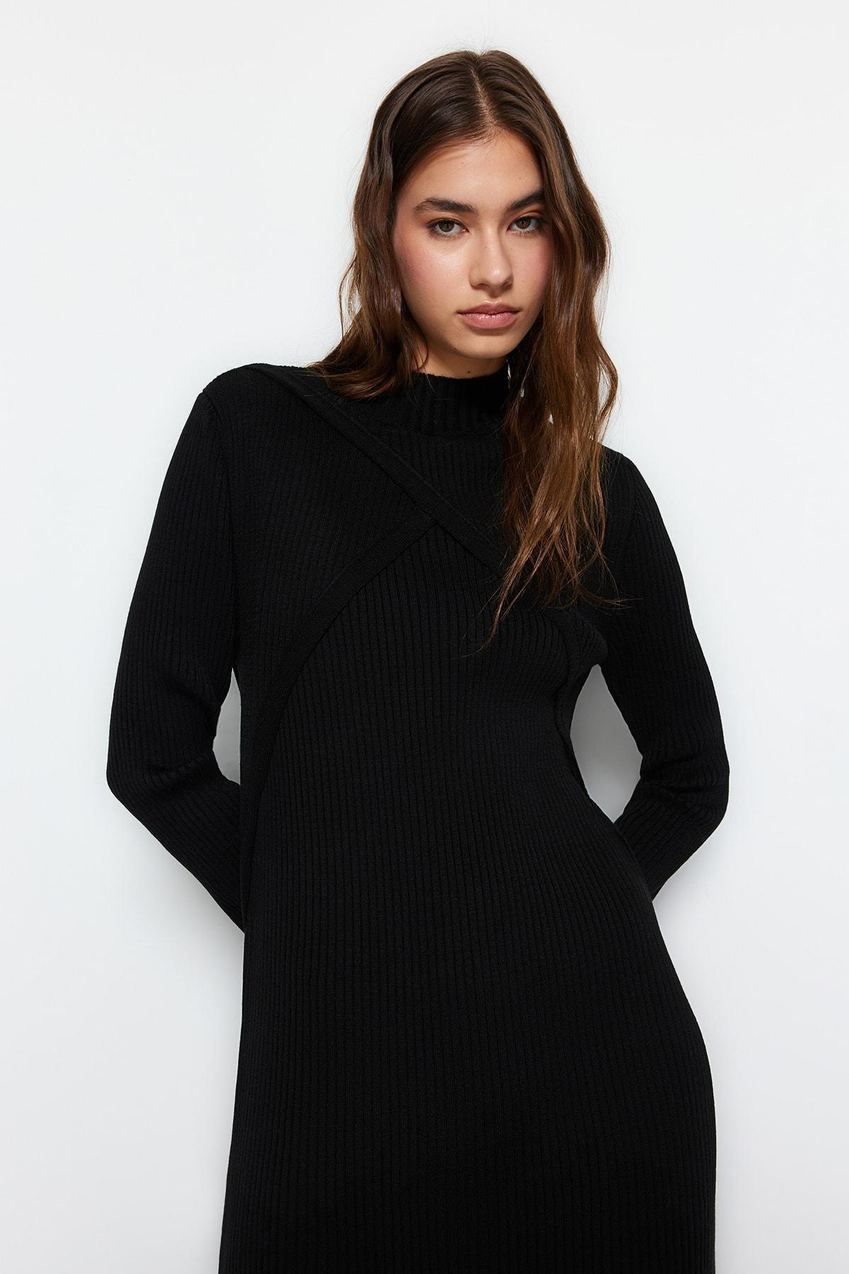 Black Ribbed Sweater Midi Dress, , large image number 1