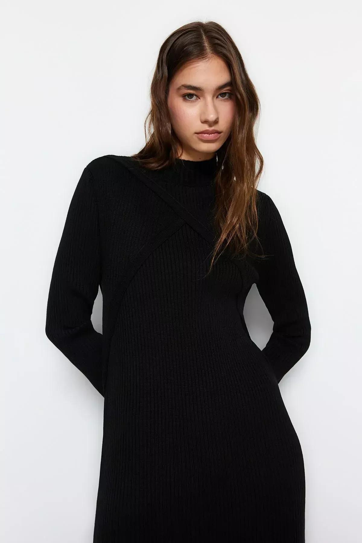 Black Ribbed Sweater Midi Dress, BLACK, large image number 1