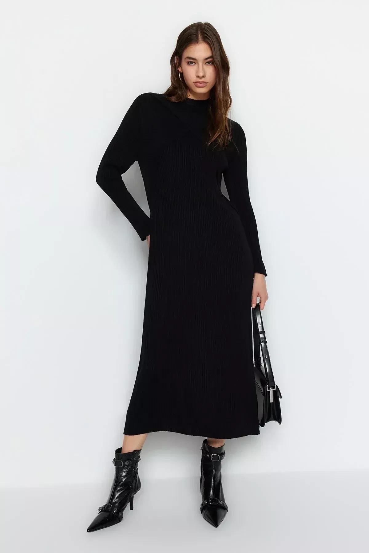 Black Ribbed Sweater Midi Dress, , large image number 2