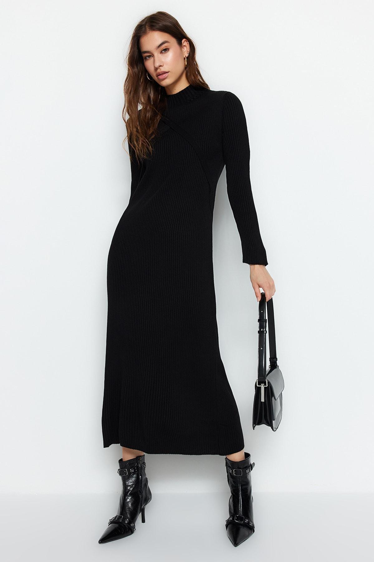 Black Ribbed Sweater Midi Dress, , large image number 2