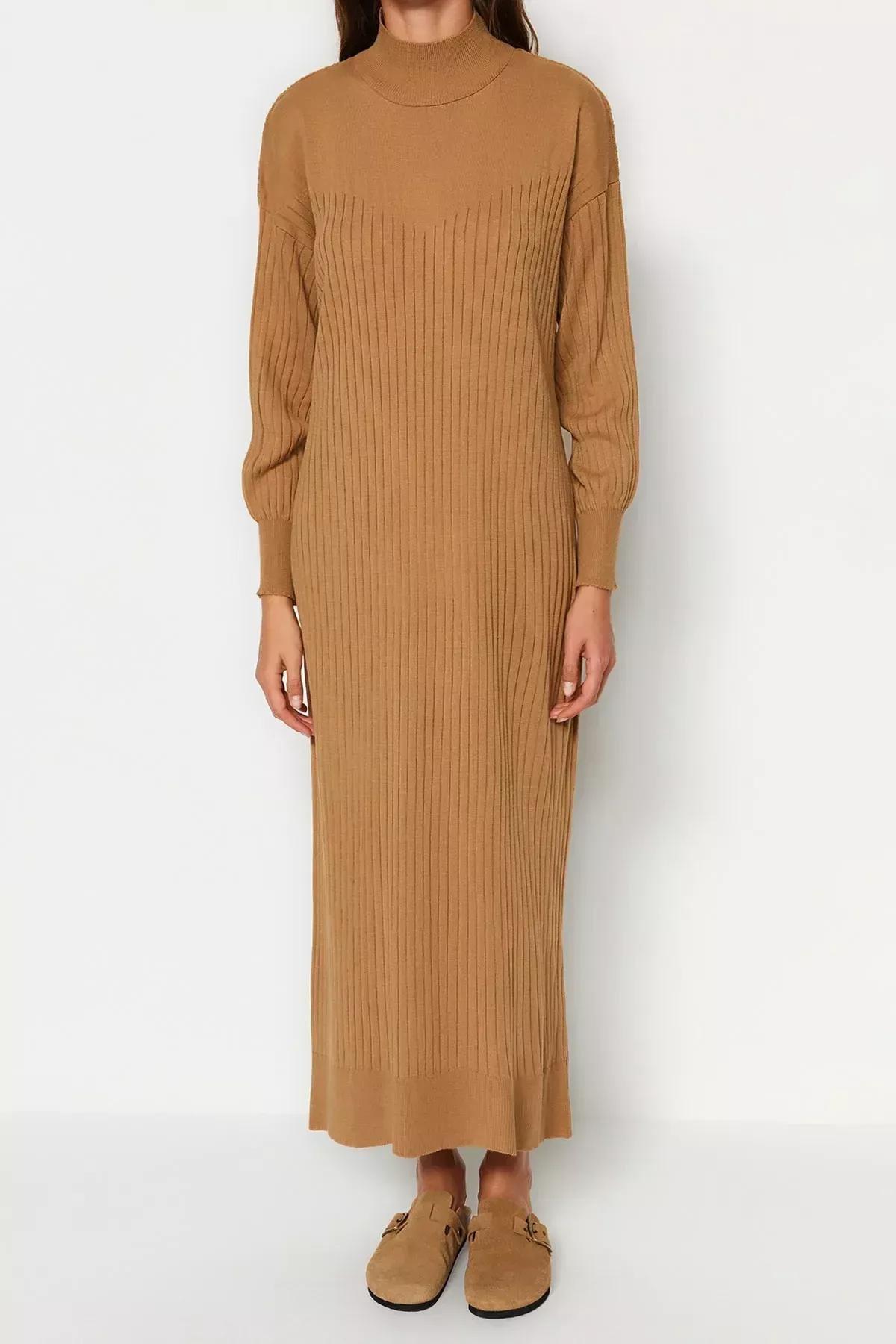Ribbed Sweater Casual Midi Dress, CAMEL, large image number 3