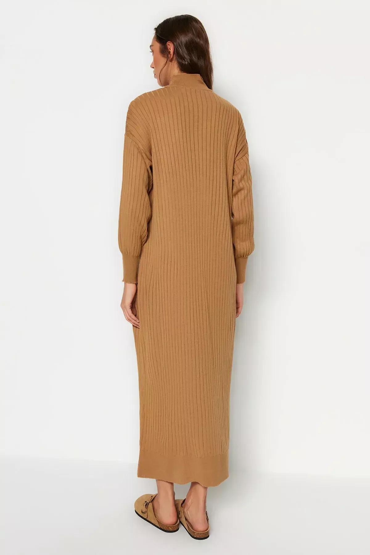 Ribbed Sweater Casual Midi Dress, CAMEL, large image number 4