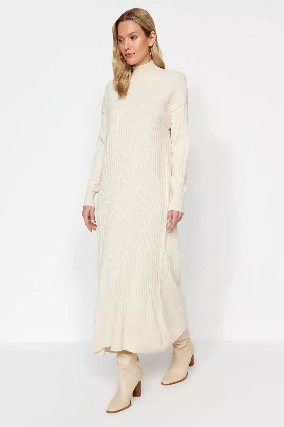Ribbed Sweater Maxi Dress, STONE, large image number 0