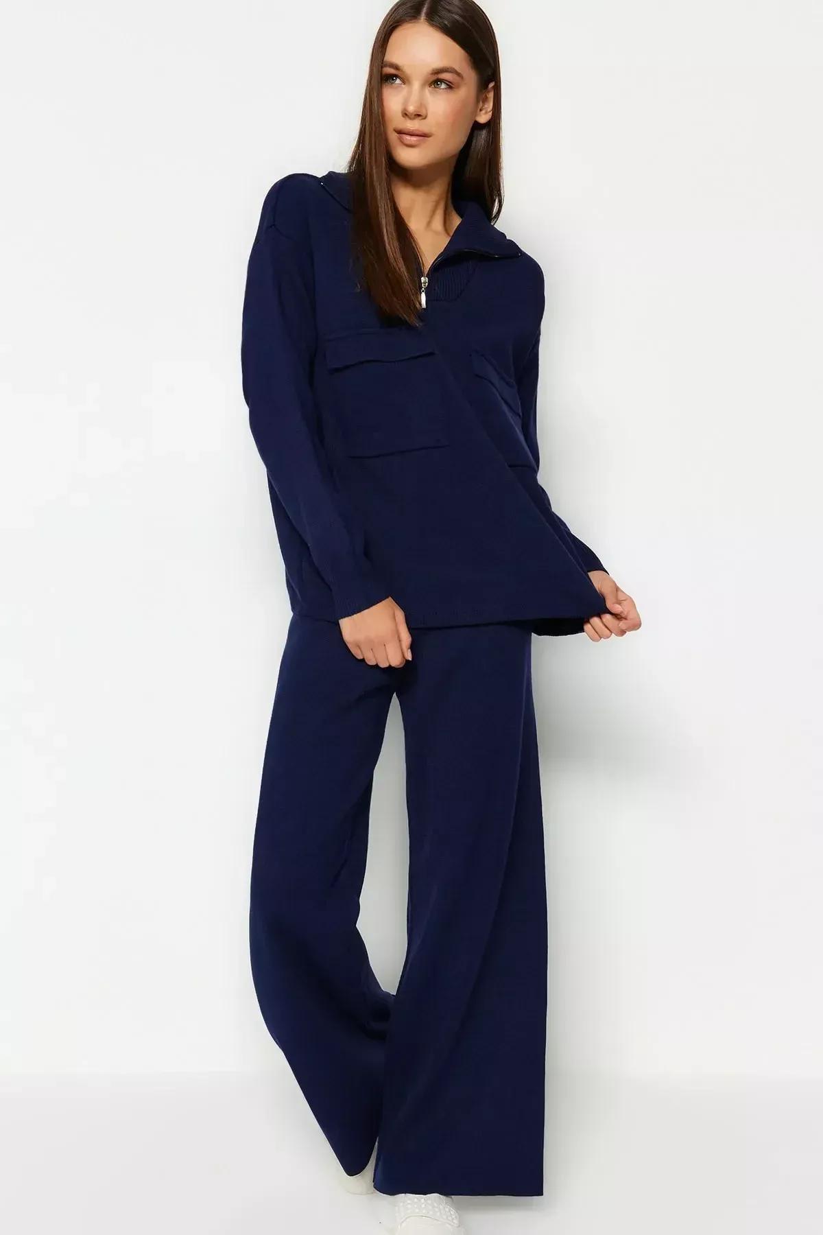 طقم متناسق من بلوزة مكشوفة الكتفين بقصة فضفاضة، كحلي, Navy blue, large image number 0