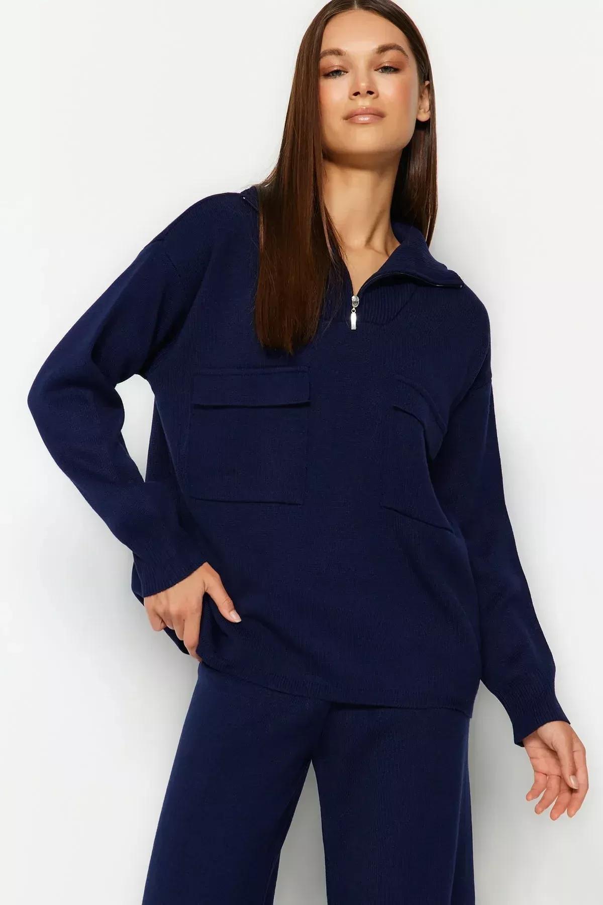 طقم متناسق من بلوزة مكشوفة الكتفين بقصة فضفاضة، كحلي, Navy blue, large image number 2