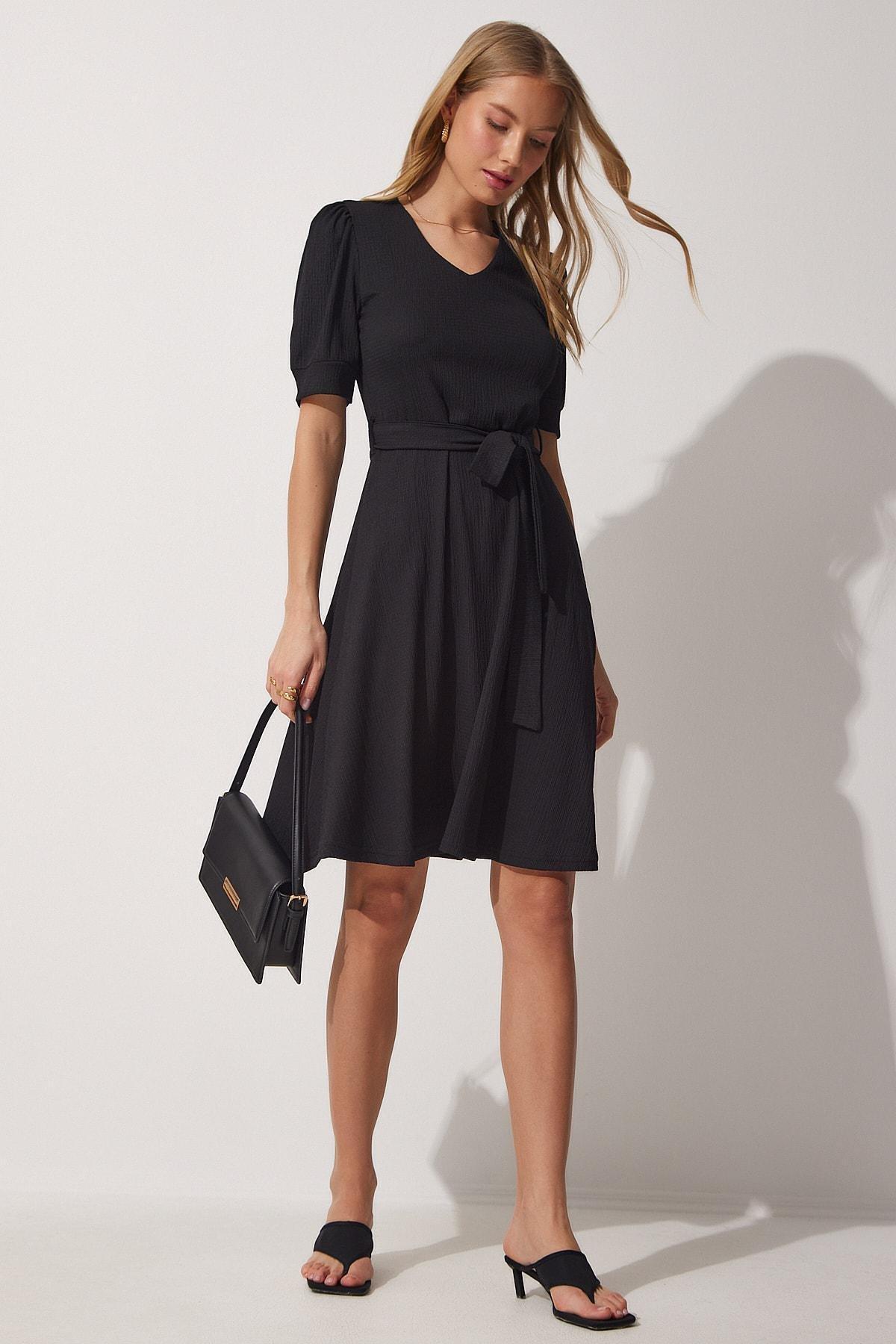 Black Belted Flared Knitted Dress, , large image number 0