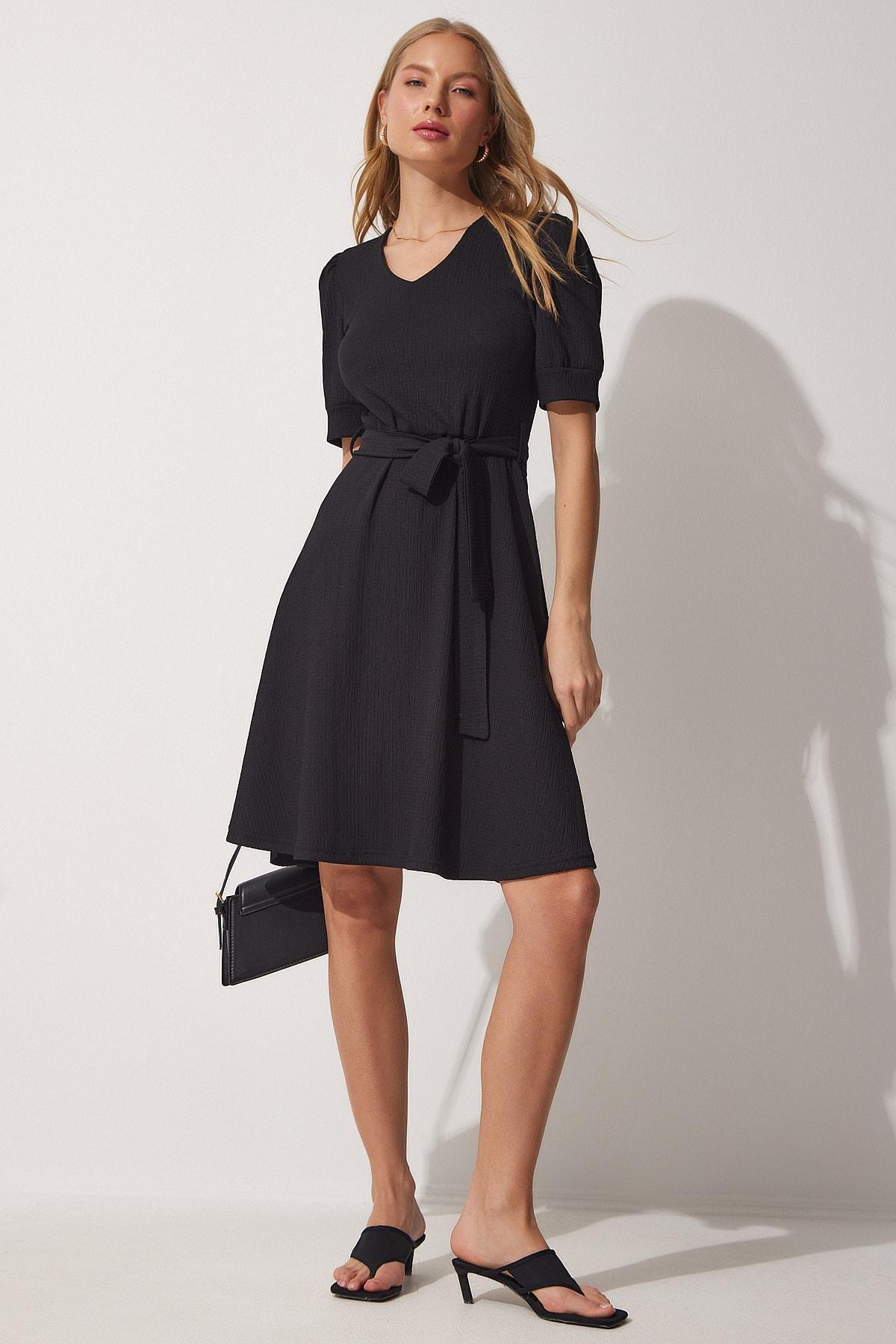 Black Belted Flared Knitted Dress, , large image number 1