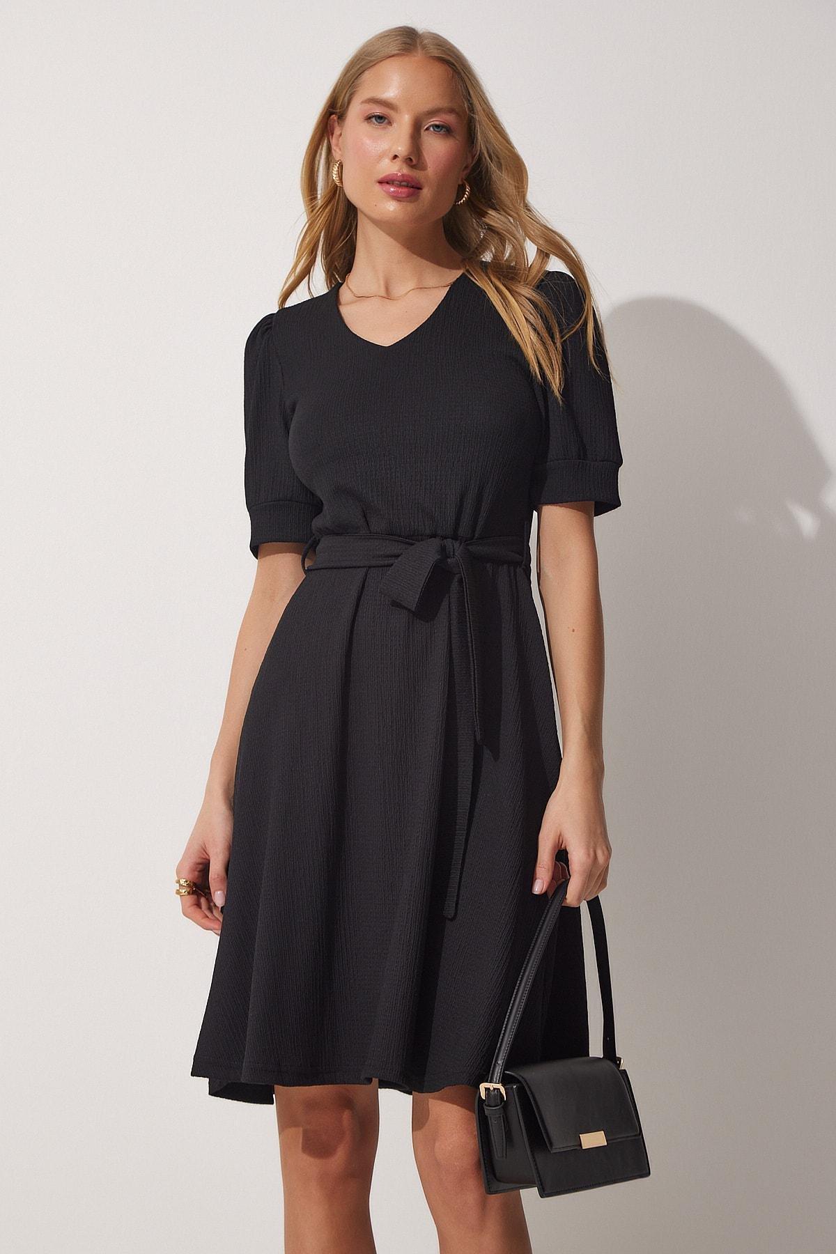Black Belted Flared Knitted Dress, , large image number 2