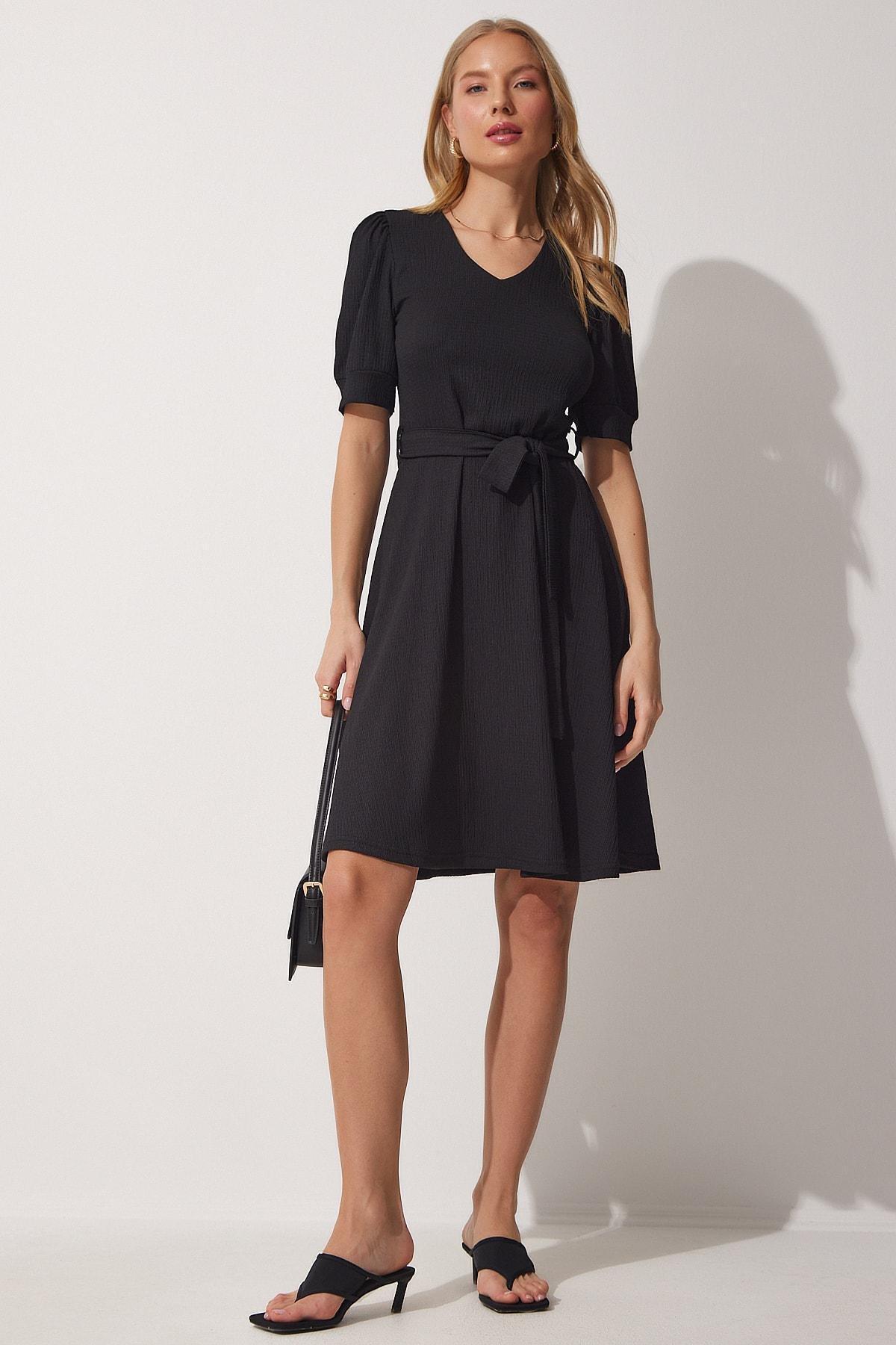 Black Belted Flared Knitted Dress, , large image number 3