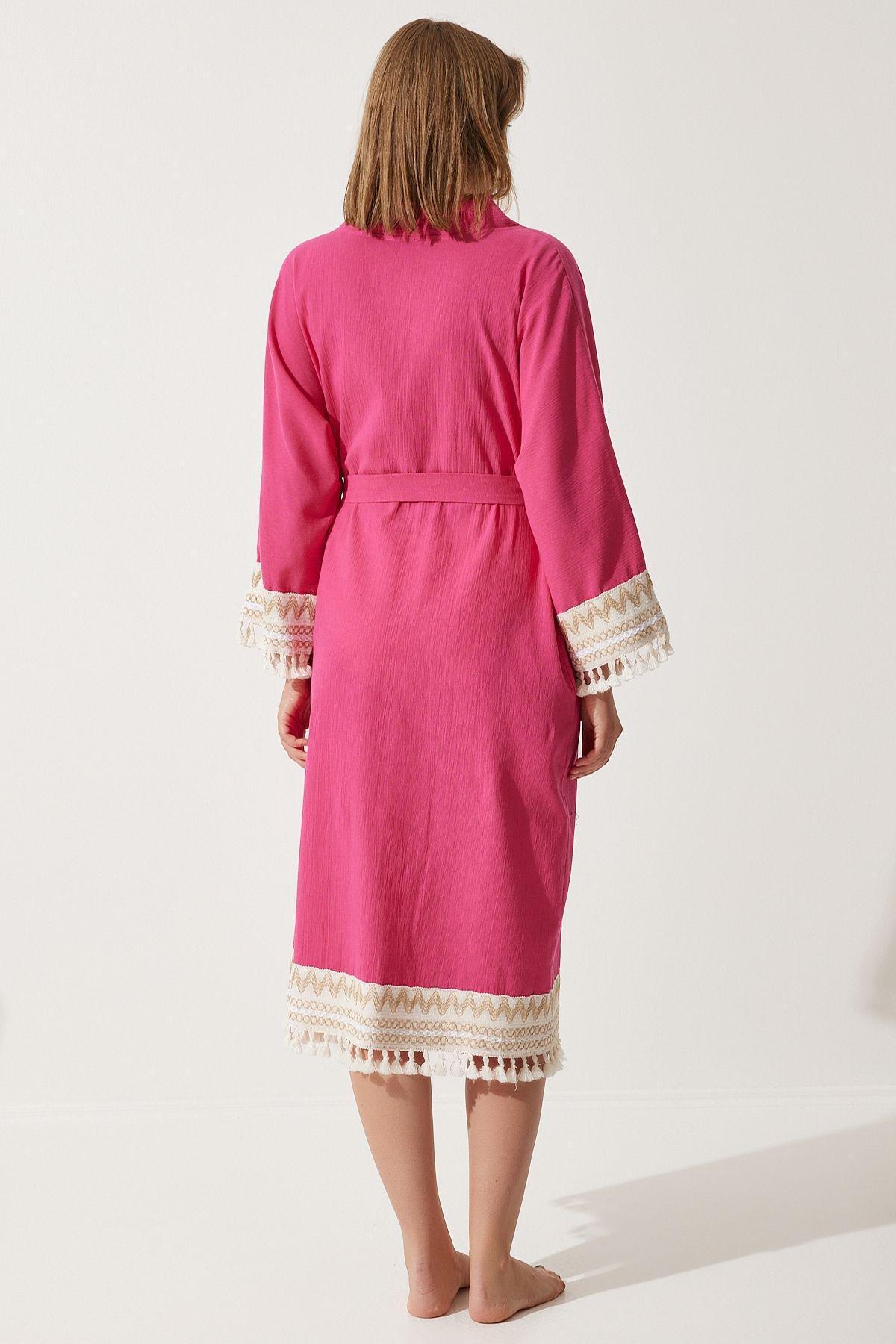 Pink Tassel Guipure Detailed Linen Kimono, DARK PINK, large image number 0