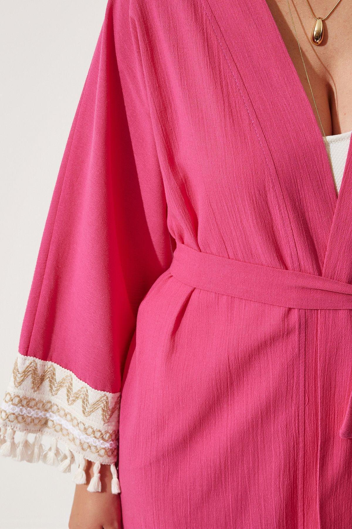 Pink Tassel Guipure Detailed Linen Kimono, DARK PINK, large image number 2