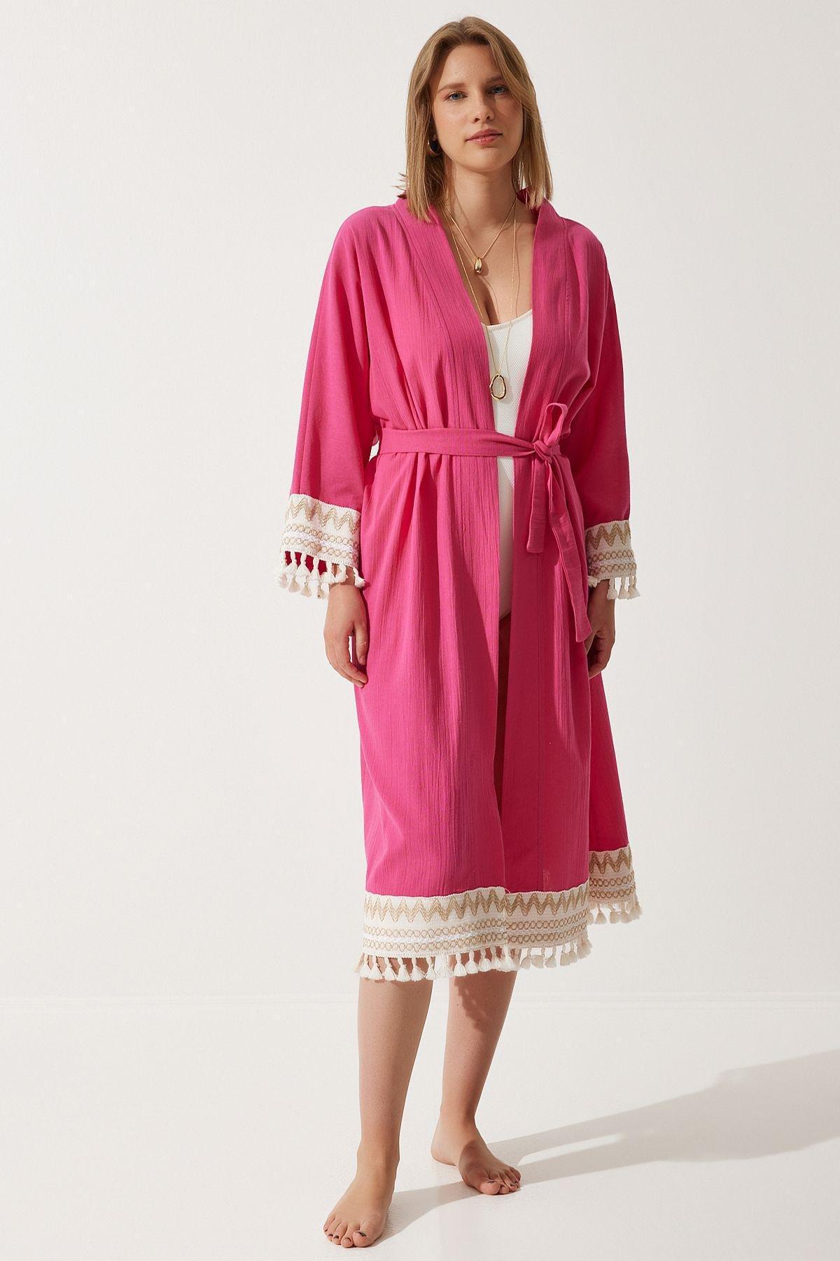 Pink Tassel Guipure Detailed Linen Kimono, DARK PINK, large image number 3
