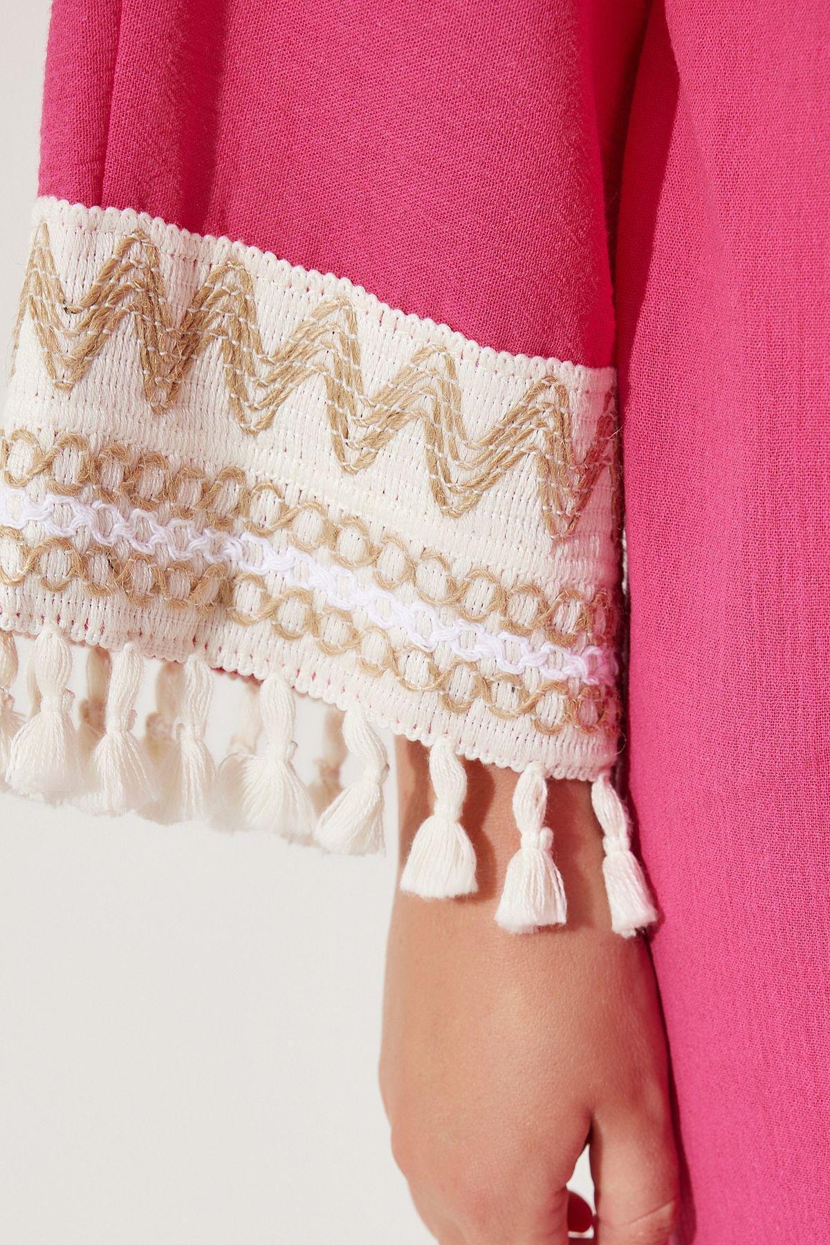 Pink Tassel Guipure Detailed Linen Kimono, DARK PINK, large image number 4