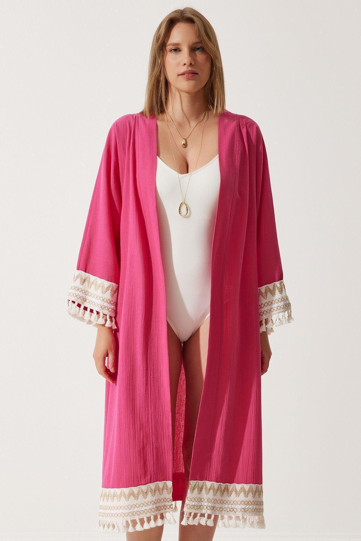 Pink Tassel Guipure Detailed Linen Kimono, DARK PINK, large image number 5