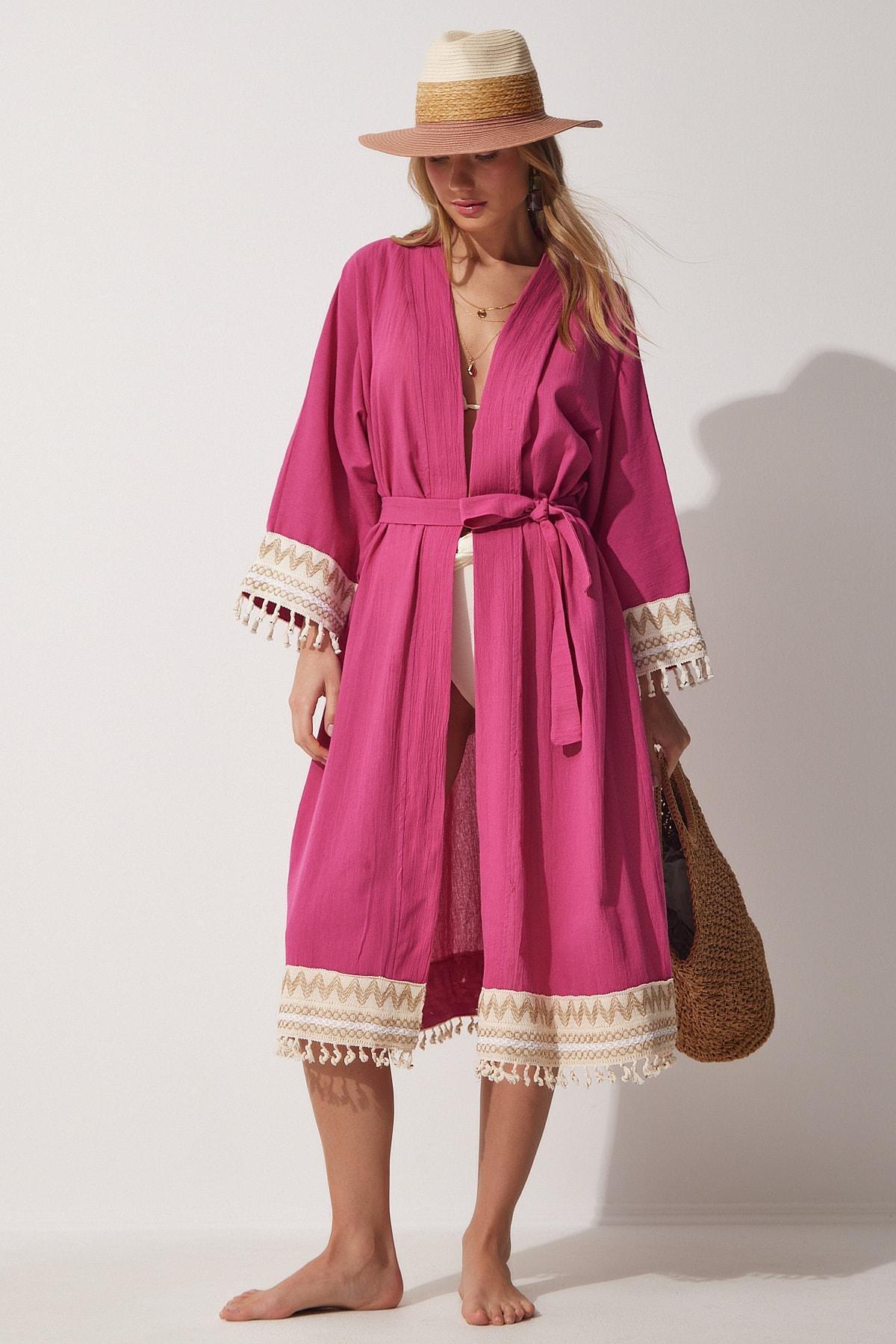 Pink Plain Caftan, Fuchsia, large image number 1
