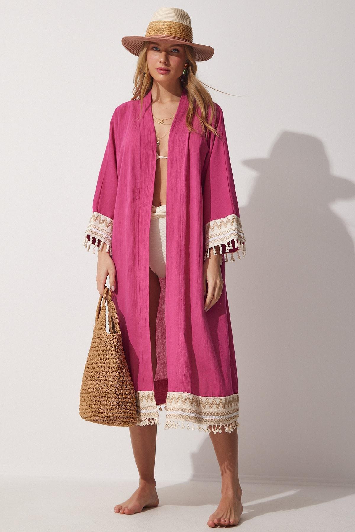 Pink Plain Caftan, Fuchsia, large image number 3