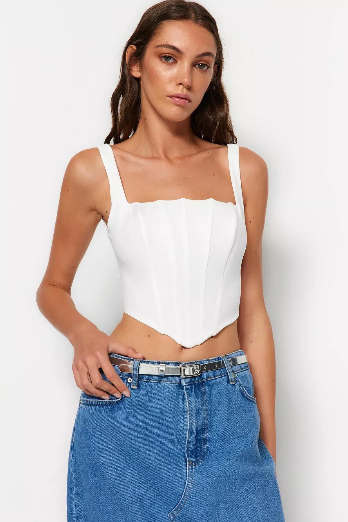 Ecru Square Collar Fitted Blouse, Ecru, large image number 1