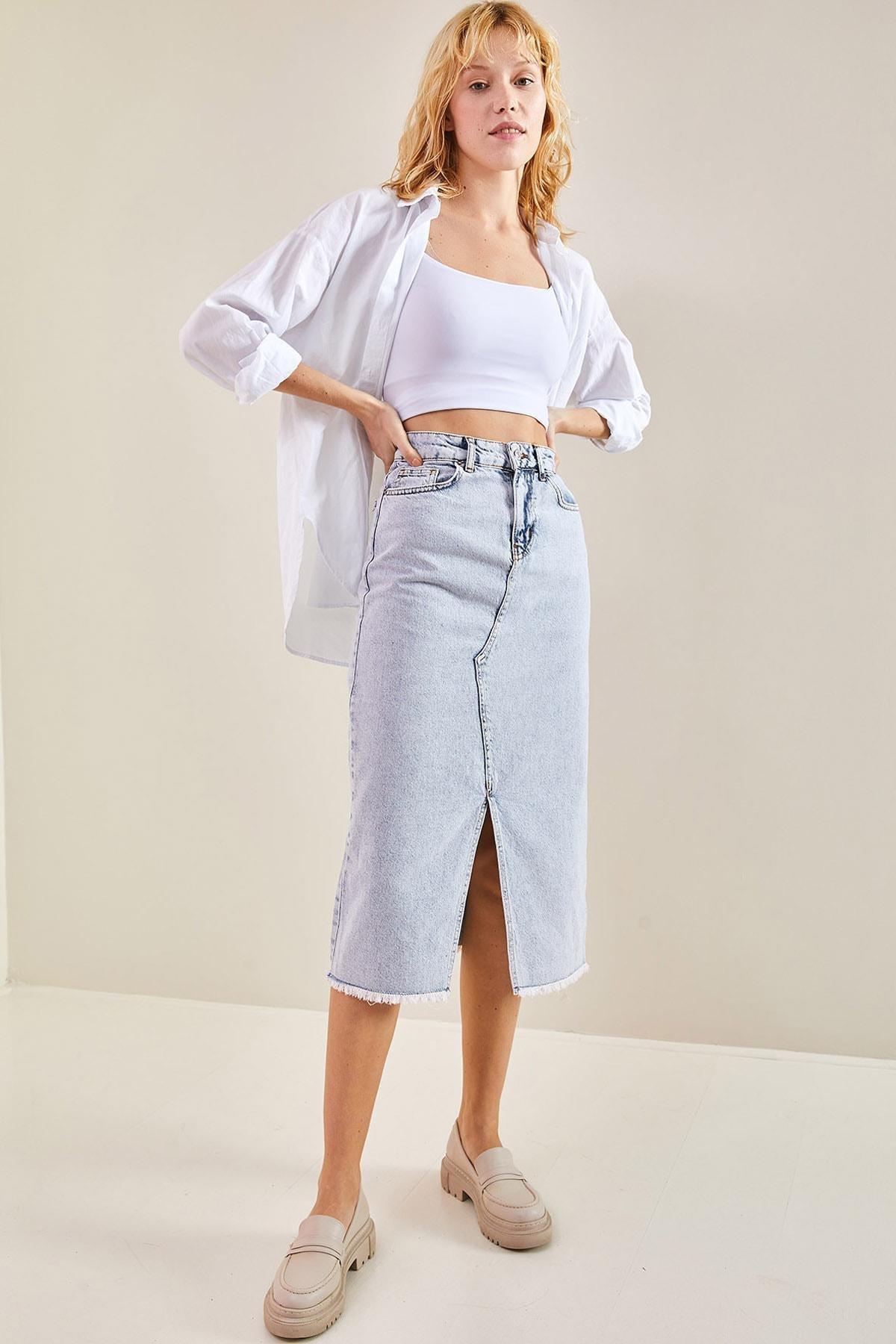 Blue Laser Cut Slit Denim Skirt, , large image number 0