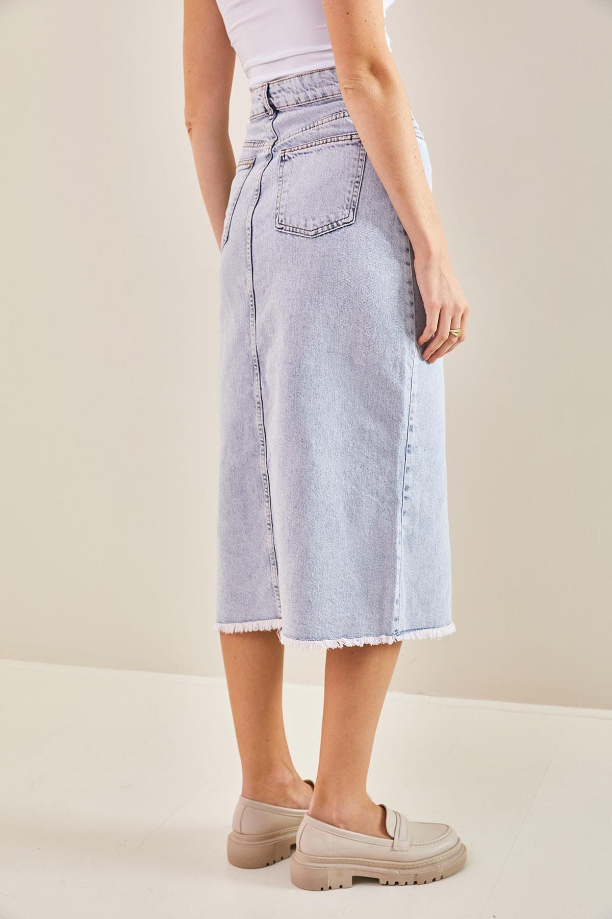 Blue Laser Cut Slit Denim Skirt, , large image number 1
