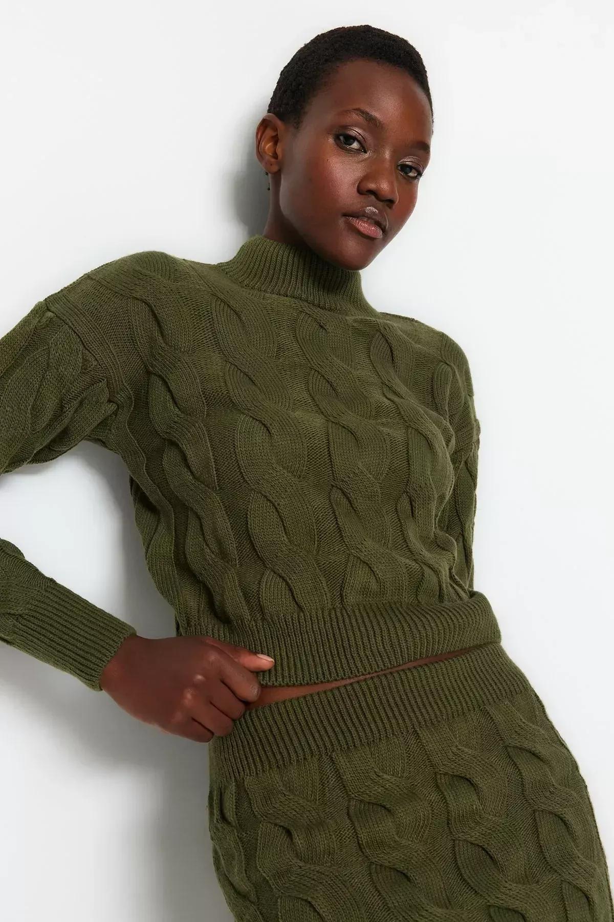 Khaki Crop Knitwear Top-Upper Suit, Khaki, large image number 2