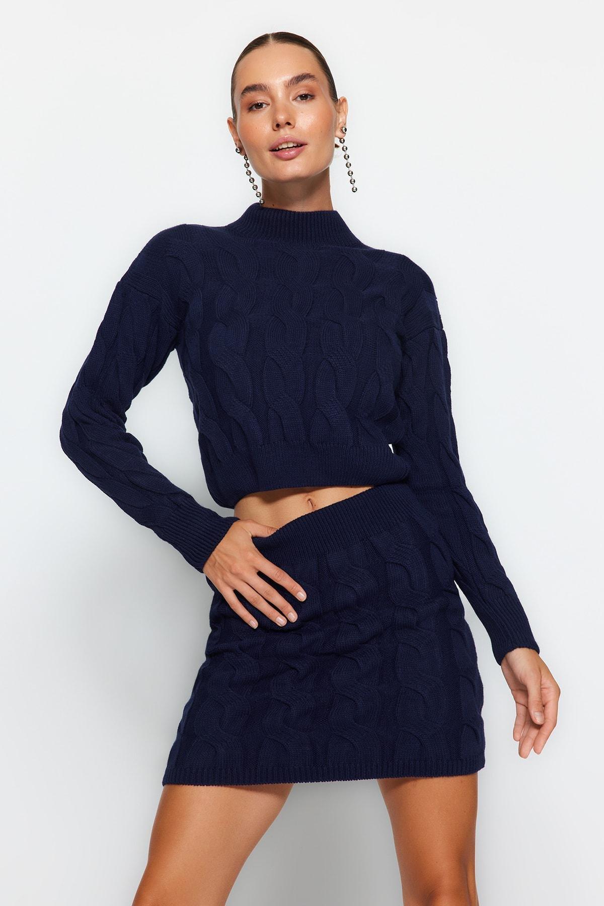 Navy Stand-Up Collar Knitted Top, , large image number 0