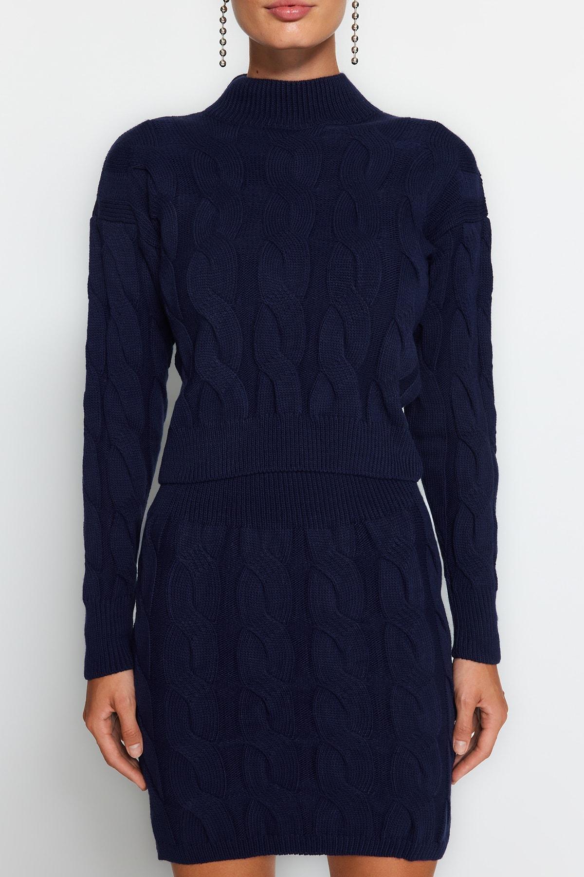 Navy Stand-Up Collar Knitted Top, , large image number 3