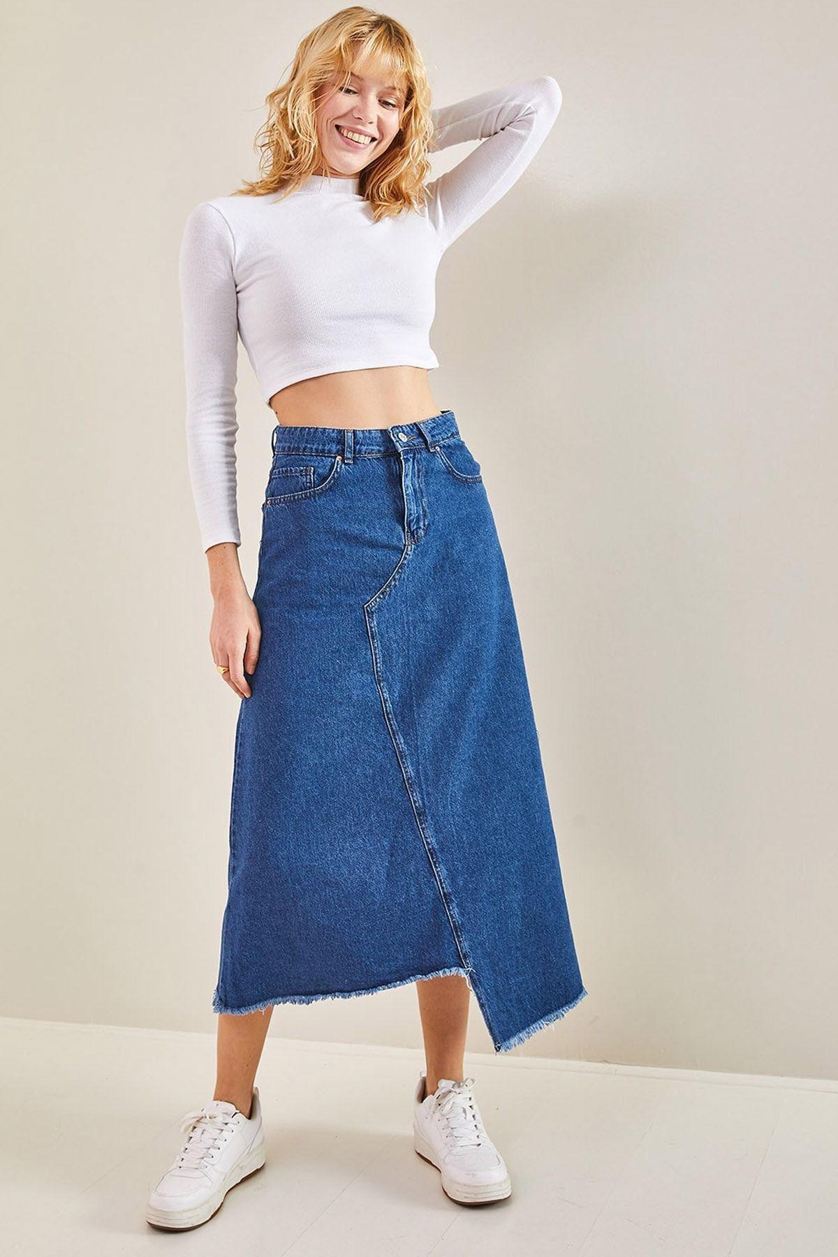 Blue Asymmetric Pattern Tasselled Denim Skirt, , medium